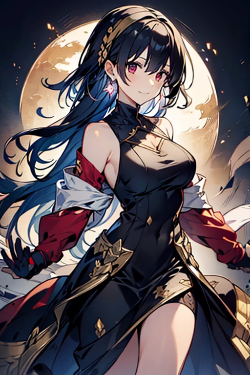 yor briar, anime style beutiful woman, 1girl,fullbody, happy, smile, red face, closed mouth, beautiful detailed eyes, super detailed skin, backlighting, bare shoulders, black background, black dress, black gloves, black hair, breasts, dress, earrings, fingerless gloves, floating hair, floral print, flower, gloves, gold earrings, gold hairband, hair flower, hair ornament, hairband, holding, holding weapon, jewelry, large breasts, long hair, looking at viewer, off-shoulder dress, off shoulder,red eyes, short hair with long locks, sidelocks, solo, spikes, thighs, two-sided dress, two-sided fabric, weapon, fighting stance , face, close up, from above, highest quality, high resolution.