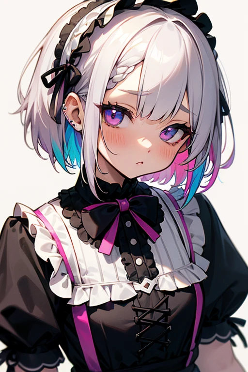 Short white hair, blush, Gothic ta、Punk Fashion、2 Headbangs、Rainbow clothes、Clean your eyes、Braiding、