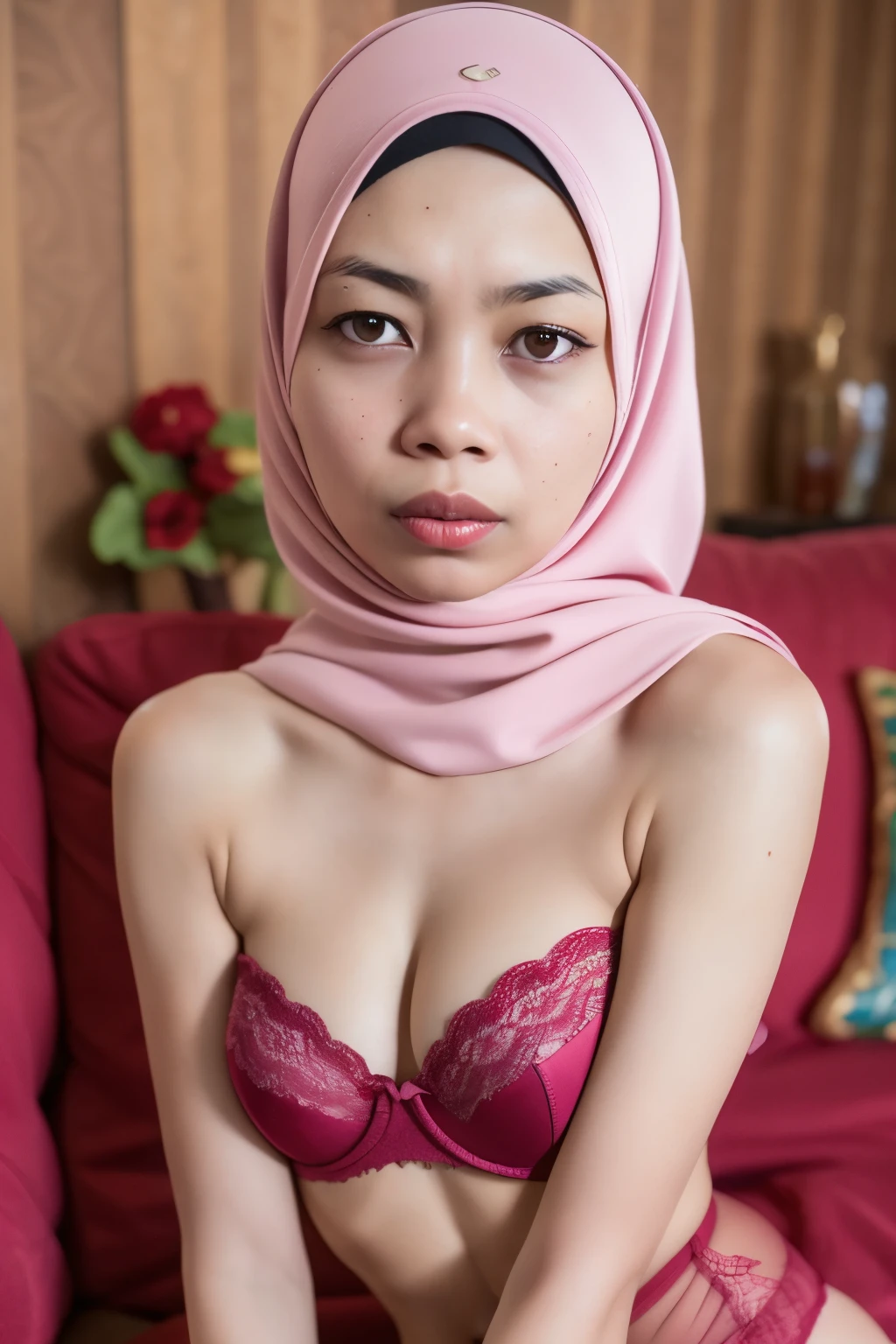 ((Strapless Colourful bra Flat Chest)), Naked, Angry pose, Angry face, (((HIJAB MALAY GIRL))), masutepiece, High quality, UHD 45K, Realistic face, Realistic skin feeling , A Japanese Lady, 8 years old, , Very cute and baby-like face, (((FLAT CHEST))), (MATRIX WORLD), ((look In front at the camera and SADNESS)), ((())), (((CUTE GIRL))), ((RED PASTEL LIPS)), ((SATIN LACE)), ((CHUBBY)), ((UNDRESS)). Brown, Flat Chest, Wearing G-String. Sitting