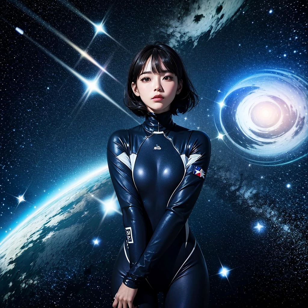 Espacio exterior repleto de estrellas brillantes. In the center a girl floating in the void dressed in a tight astronaut suit., estilo futurista. 