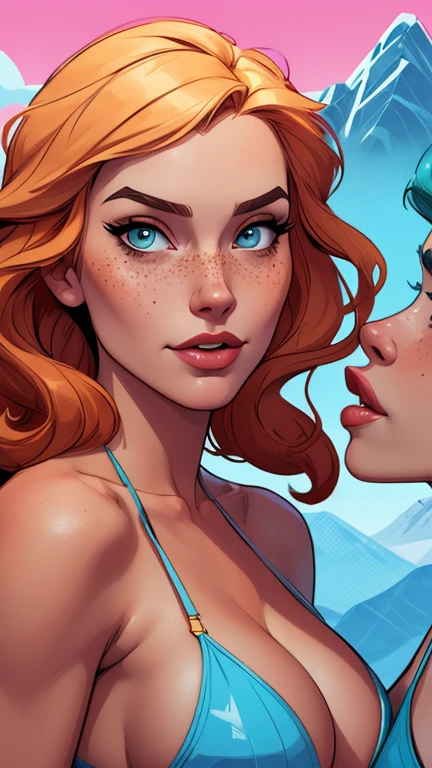 Elsa and Anna from Frozen, ((Elsa Blue iridescent, Elsa blonde)) and ((Anna purple bikini, Anna ginger, Anna freckles)), Perfect body, side view, ((back to back)), tropical, smile