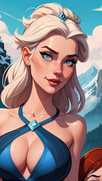 Beautiful portrait mode pose Cartoon character character in dynamic pose two women together with freckles on their faces Disney princess Queen Anna of Arendelle with 1,60cm on the left and along with a symmetrical body and beautiful breasts, corpo bem definido, delicado e sensual, estilo de desenho animado, digital illustration Portrait mode a close-up of two women Cartoon style digital illustration in bikinis in front of a mountain, artegerm and lois van baarle, artegerm and atey ghailan, even model | artegerm, artegerm and genzoman, artegerm comic, as seen on artegerm, artegerm and wlop, artegerm and rossdraws style Cartoon style digital illustration