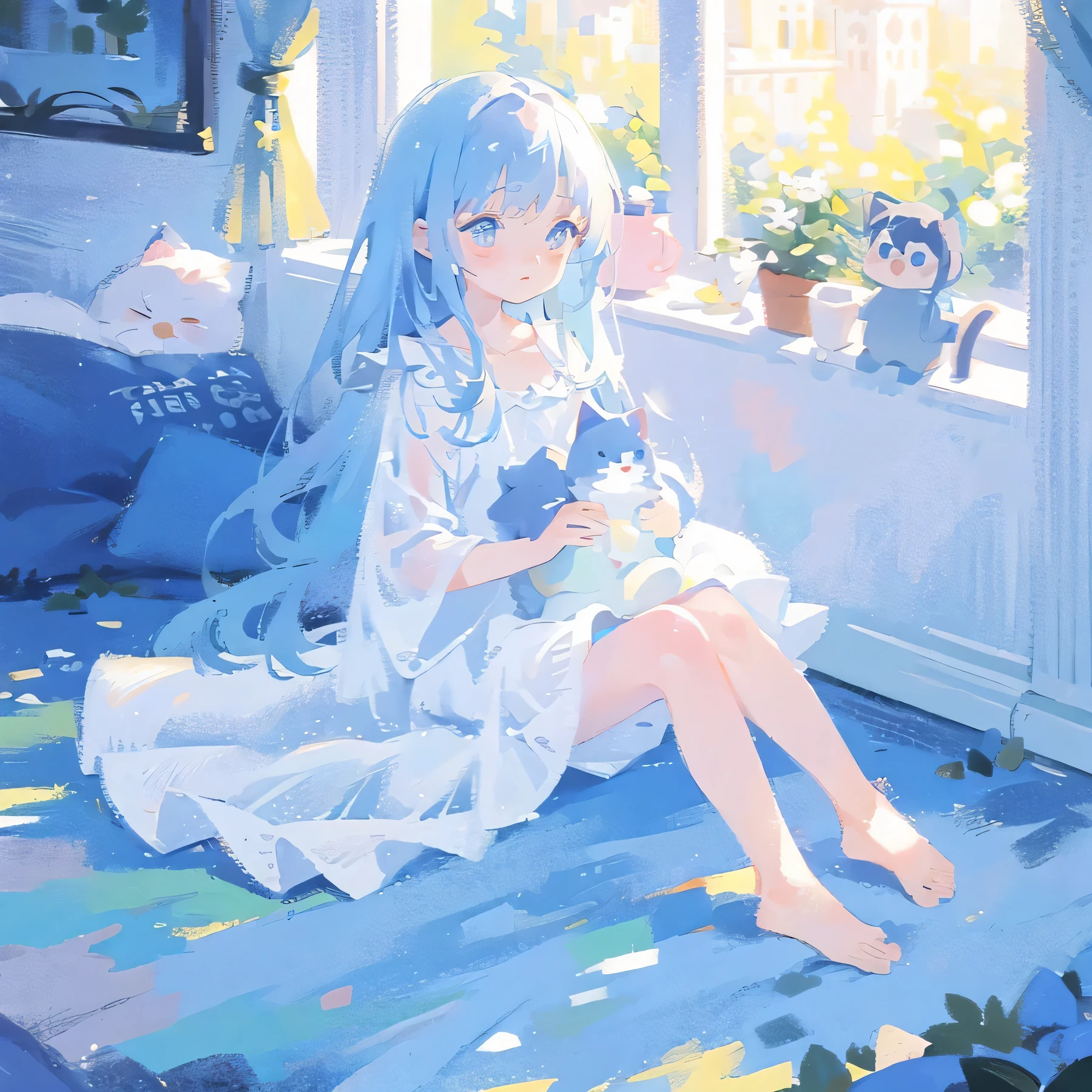 Masterpiece, best quality, extremely detailed, (illustration, official art: 1.1), 1 girl, ((light blue long hair))), light blue hair, , ((blush)), cute face, big eyes, masterpiece, best quality, ((a very delicate and beautiful girl)))), amazing, beautiful detailed eyes, blunt bangs (((little delicate girl)))), tareme (true beautiful: 1.2),Official art、Top quality ultra-detailed CG art、a beauty girl:1.2)、lightblue hair、Glossy hair、 ,((highest quality)), ((masterpiece)),white cat,(best quality,ultra-detailed,photorealistic),cat,eating,milk,Scottish fold, sunlight,window,relaxing,comfortable,cozy,curiosity,whiskers,furry,curled up,tail,playful,mischief,domesticated,pet,curious gaze,subtle shadows,calm,beautiful,peaceful,quiet,vibrant,touchable fur,serene,window sill,gentle warmth,beam of light,leisurely,lazy afternoon,tranquil scene.lots of stuffed animals