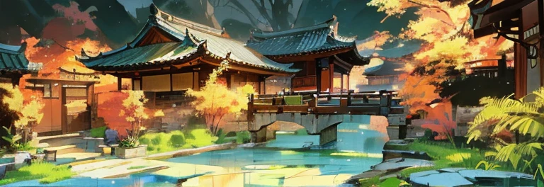 There is a small bridge across a small pond in the garden, Chinese Architecture, The picture is simple,Elegant,Light color,Simple picture,There are large bodies of water