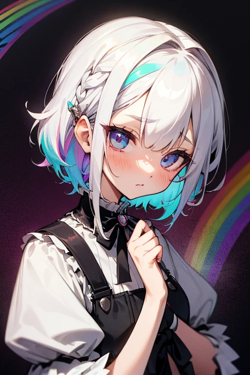 Short white hair, blush, Gothic Lolita、Punk Fashion、2 Headbangs、Rainbow clothes、Clean your eyes、Braiding、