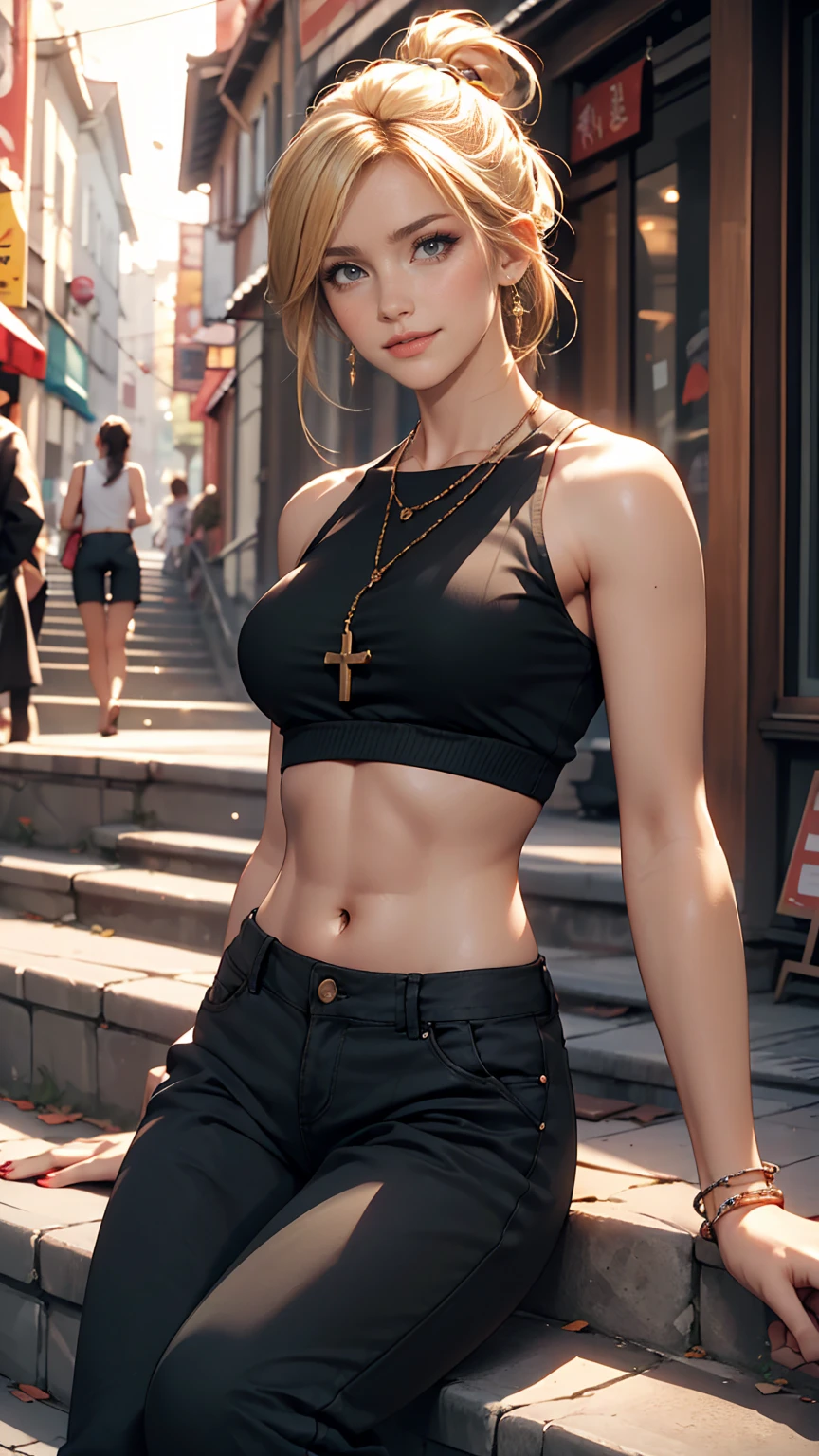 ((最high quality, 8K, masterpiece: 1.3, Ultra HD, high quality, 最high quality, High resolution, realism)) 、A 22-year-old extremely beautiful white woman、Hair color blonde、blue eyeedium Hair、Straight Hair、smile、A voluptuous figure with a tight waist and developed bust and hips、Background blur((depth of field))、Aerial perspective((atmospheric perspective))、I want my head to stay off screen、Put an anklet on your ankle、Wearing red nail polish、I have a peticure、Midriff Top((midriff top))Wear a top from、Harlem Pants((harem pants))Wear、サンダルWear、Cross one&#39;s arms、smile、Braided ponytail((braided ponytail))、Sit on the steps halfway up the stone steps in the old town