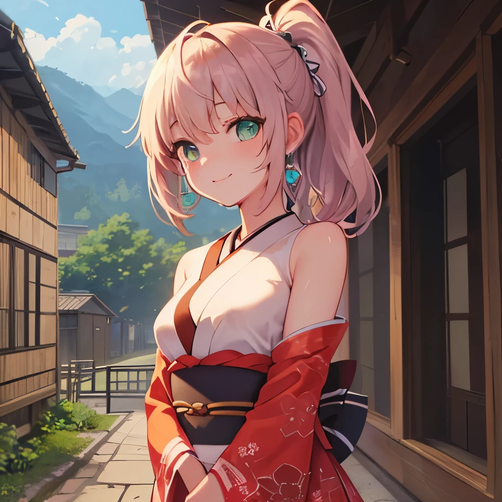 ultra-detailed, (highest quality, 8K, masterpiece, HDR, Ultra-detailed:1.2), porch of a Japanese house, [pink hair:silver hair:0.5], low ponytail, ahoge, Tied Hair, break, printed kimono, break, small breasts, arms behind head, Green Aqua Eyes, looking down, genial smile, break, Earrings, Cowboy Shot, alone