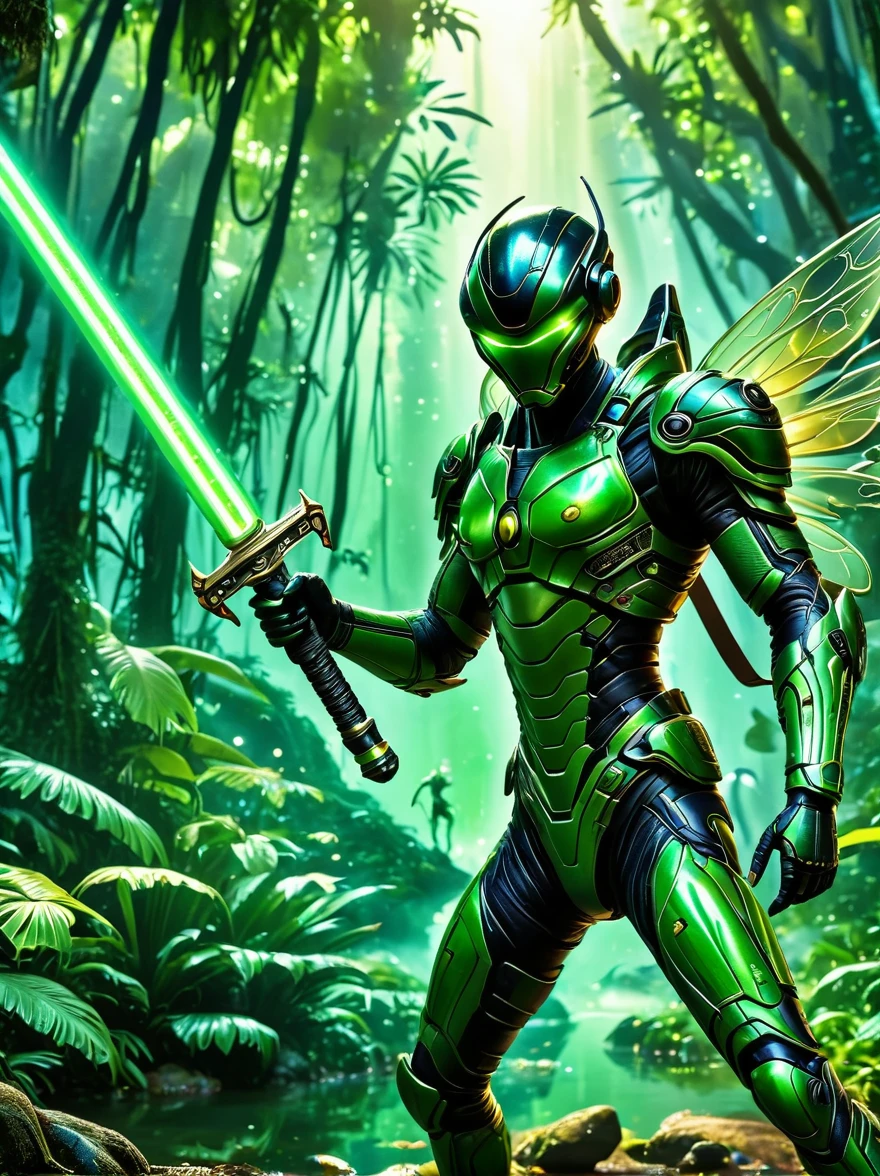 On a vibrant alien jungle planet，Dynamic movie lens, Auto Wasp wielding a green glowing alien sword, Detailed background, Hong Kong style, Ultra HD, DSLR camera, Crazy details, Reflection, Realistic shadows, Award-winning photos, Action Shots