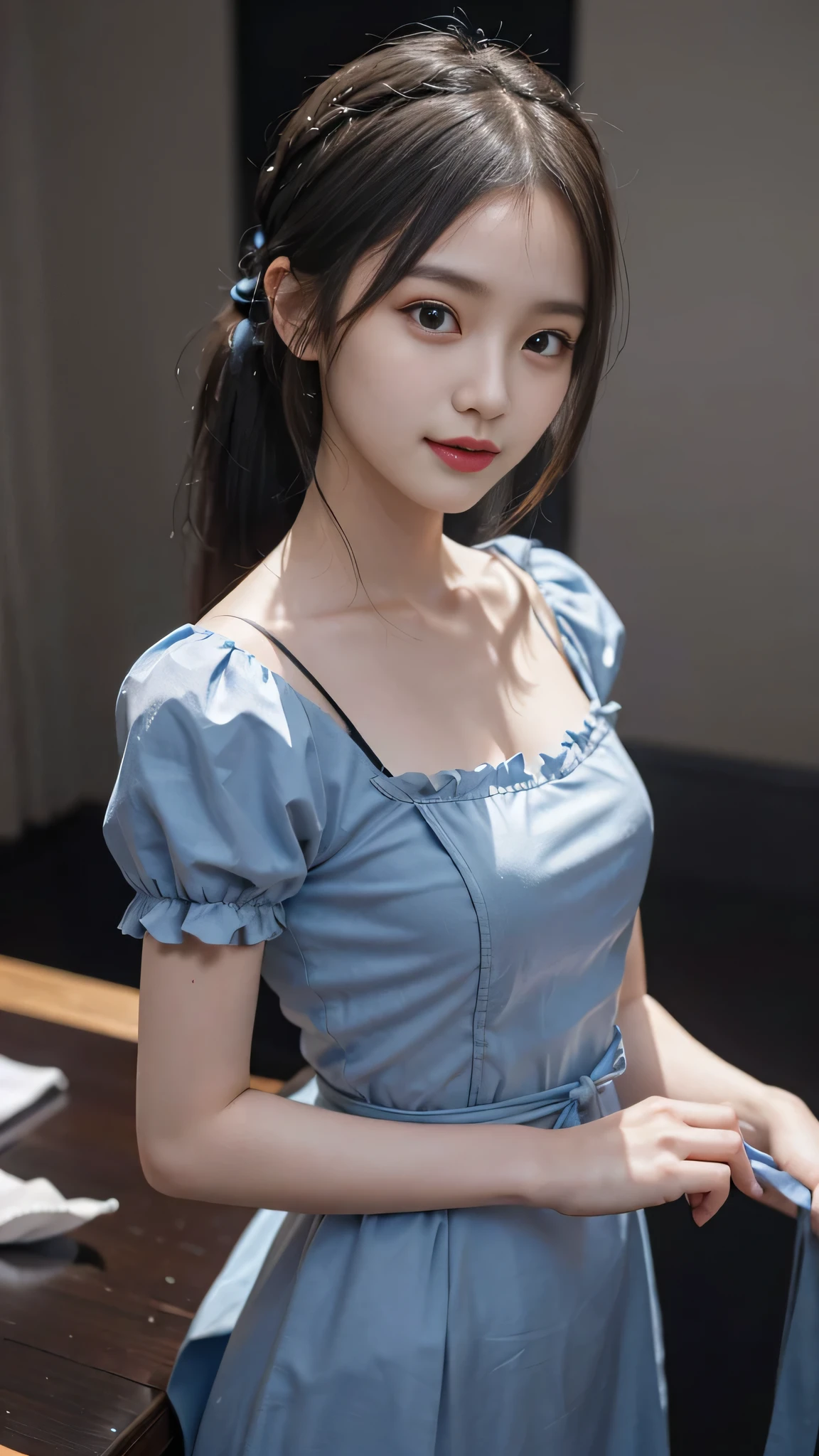 Close up face,standing on stage,Blue colored long dress with lots of ruffles,One woman,masutepiece, The highest image quality, High quality, the background is clear,Beautiful woman, Japanese, Detailed, Detailed eyes, Detailed skin, Beautiful skin, 超hight resolution, (reality: 1.4),Very beautiful woman, Slightly younger face, Beautiful skin, slender, (Ultra photo realsisim), (hight resolution), (8K), (Very detailed) (beautifully detailed eyes), (super detailed), (Detailed face), view the viewer, Fine details, Detailed face, Staring straight ahead, Staring straight ahead, photos realistic, Bright lighting, Professional Lighting, Black hair,poneyTail,a baby face,fifteen years old,Hairstyle: ponytail,Long ponytail hairstyle,slight smile,neat and tidy clothing,Beautiful Japanese KPOP idol photo, hair style is ponytail, my eyes are double and wide, baby face, smile and look straight ahead, slender, small breasts,Blue ribbon on head,Close up face,