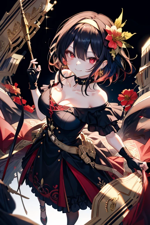 yor briar, anime style beutiful woman, 1girl, happy, sexy pause,(with sparkling eyes and a contagious smile:0.9),red face, closed mouth, beautiful detailed eyes, super detailed skin, backlighting, bare shoulders, black background, black dress, black gloves, black hair, breasts, dress, earrings, fingerless gloves, floating hair, floral print, flower, gloves, gold earrings, gold hairband, hair flower, hair ornament, hairband, holding, holding weapon, jewelry, large breasts, long hair, looking at viewer, off-shoulder dress, off shoulder,red eyes, short hair with long locks, sidelocks, solo, spikes, thighs, two-sided dress, two-sided fabric, weapon, fighting stance , face, close up, from above, highest quality, looking at viewer,high resolution.