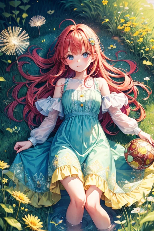 girl, Whimsical, Fairytale, in a dreamy watercolor style, a young girl with twinkling eyes and fiery red hair, perched on a toadstool in a vibrant meadow, surrounded by floating dandelion seeds drifting in the breeze like fairies. She gazes up at the butterflies swirling around her in a kaleidoscope of colors. Details of intricate swirling patterns like Celtic knotwork adorn her flowing sundress. Inspired by the whimsical illustrations of classic children's books.