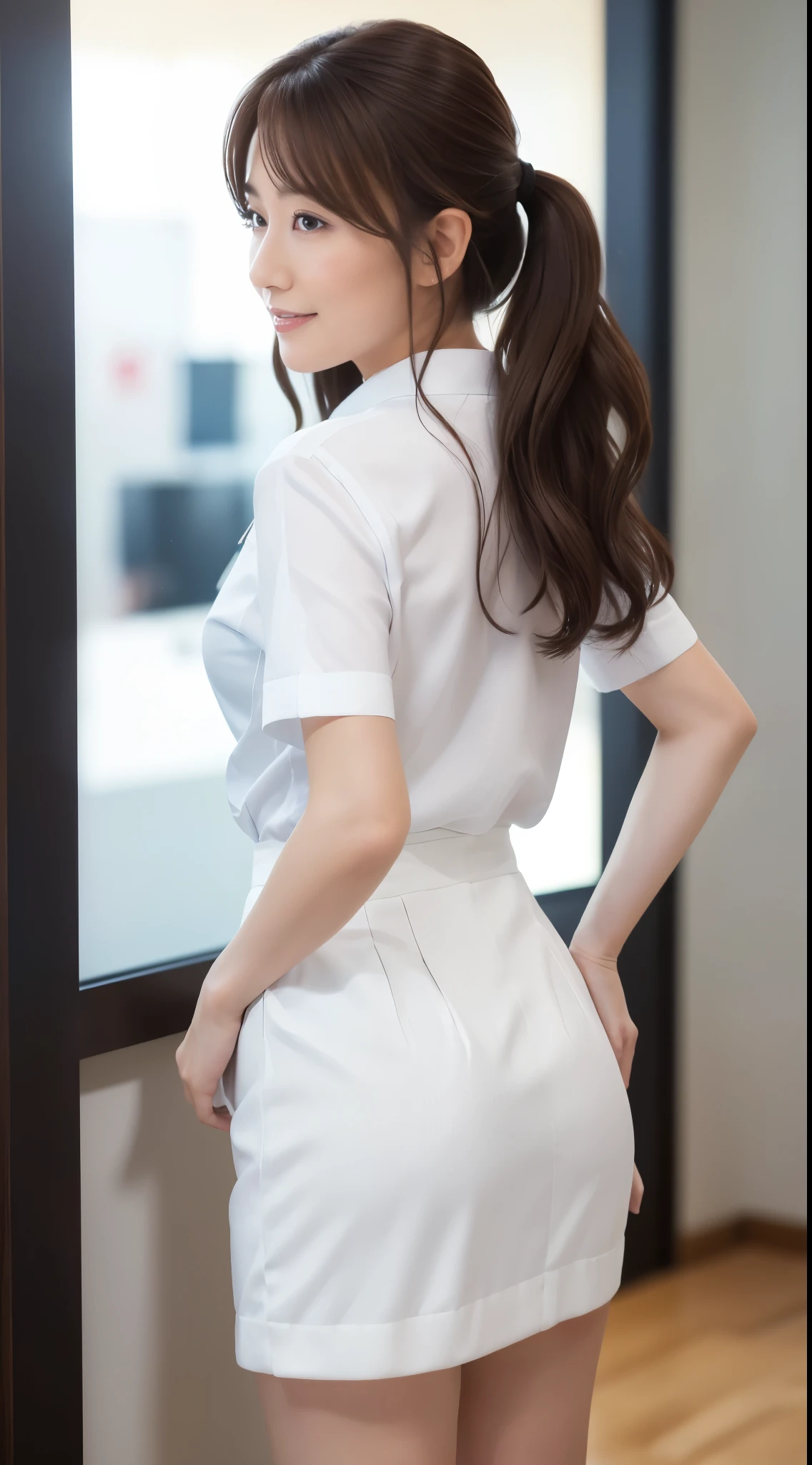 1 persons、Top image quality、realisticlying、Brown hair、Beautiful skin、Woman in her 20s、Sex worker、Dark blue school uniform、White sheer shirt、Dark blue skirt、pantiy、Show me your ass、Poses to seduce、