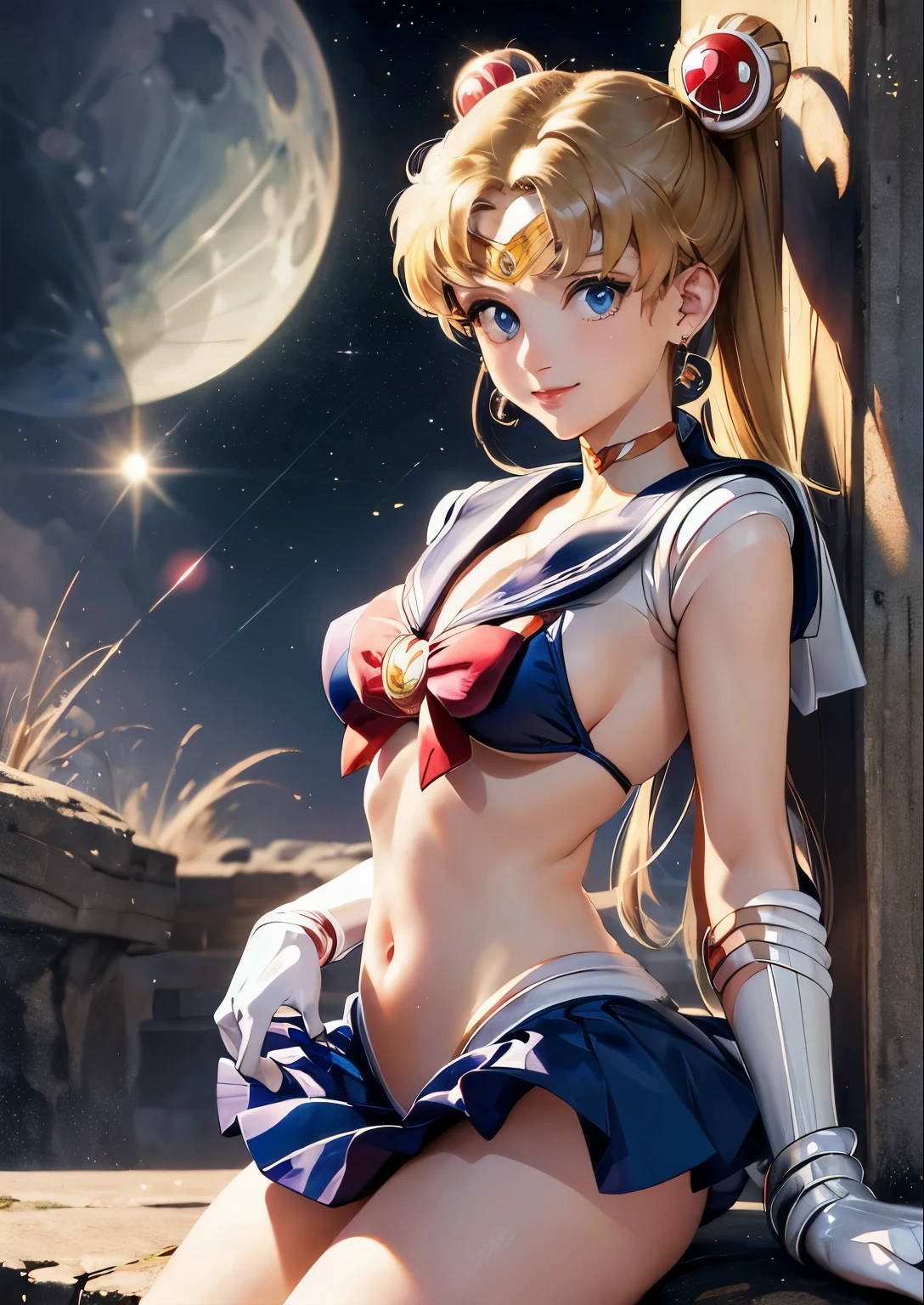 masterpiece, highest quality, High Resolution, Month 1, 1 girl, alone,  ((Sailor Moon:1.3)), Usagi Tsukino, blonde, Magical girl, blue eyes, Elbow hand pockets, tiara, ((bikini:1.5)), choker, White gloves, jewelry, Earrings, smile, The background is space (Amazing details, Excellent lighting, Wide-angle), full moon, 