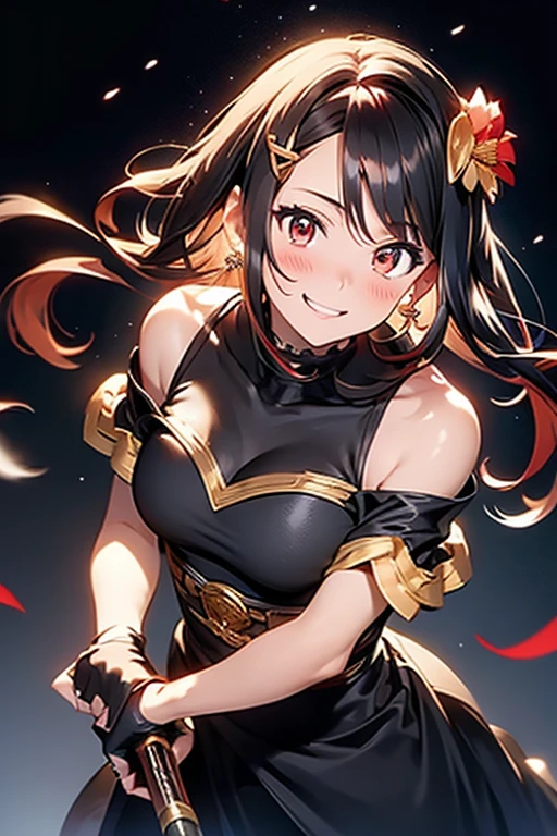 yor briar, anime style beutiful woman, 1girl,fullbody, happy, smile, red face, closed mouth, beautiful detailed eyes, super detailed skin, backlighting, bare shoulders, black background, black dress, black gloves, black hair, breasts, dress, earrings, fingerless gloves, floating hair, floral print, flower, gloves, gold earrings, gold hairband, hair flower, hair ornament, hairband, holding, holding weapon, jewelry, large breasts, long hair, looking at viewer, off-shoulder dress, off shoulder,red eyes, short hair with long locks, sidelocks, solo, spikes, thighs, two-sided dress, two-sided fabric, weapon, fighting stance , face, close up, from above, highest quality, high resolution.