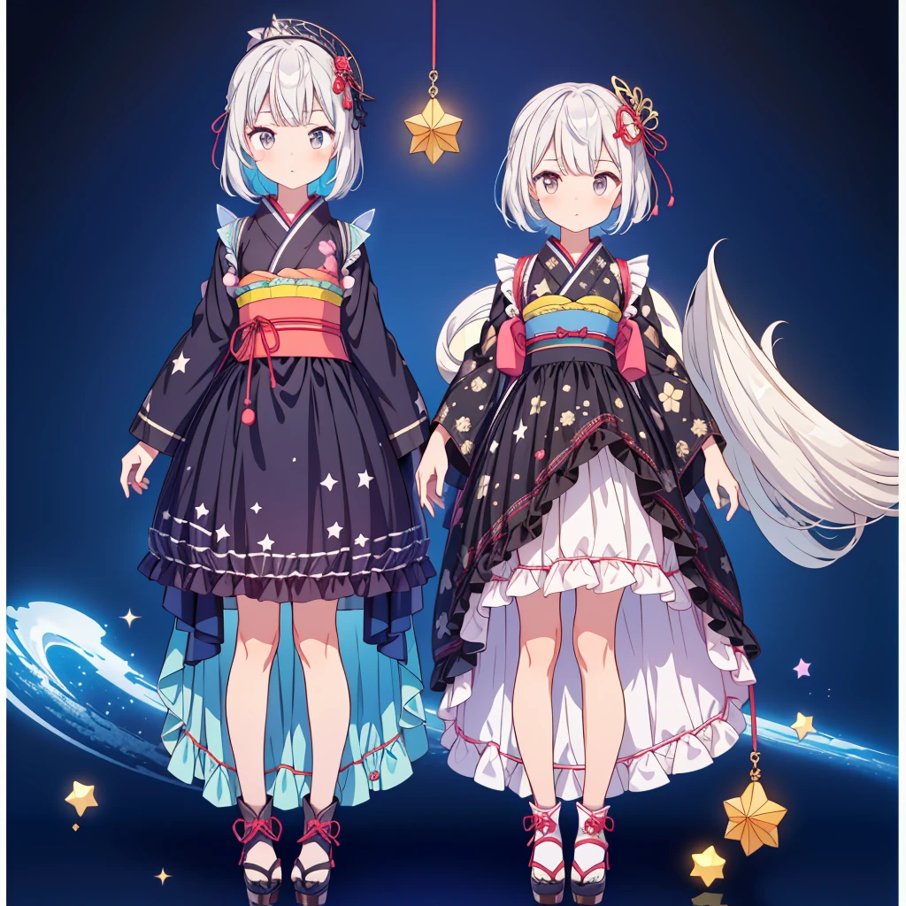 
g0thk1m0n0,highest quality、８K,handsome face、vtuber-fullbody、A picture of the front straight towards the viewer、Star Fairy、Full body front portrait、front、1girl,highest quality、masterpiece、official art、Super detailed、super beautiful、Cute Star Fairy、white hair straight short、Milky Way、universe、star charm、star、baby face、Knee-high boots、Japanese pattern dress、A beautiful girl wearing black and white clothes that are a remake of a yukata.、Oiran frill dress reminiscent of universe、Colorful portraits