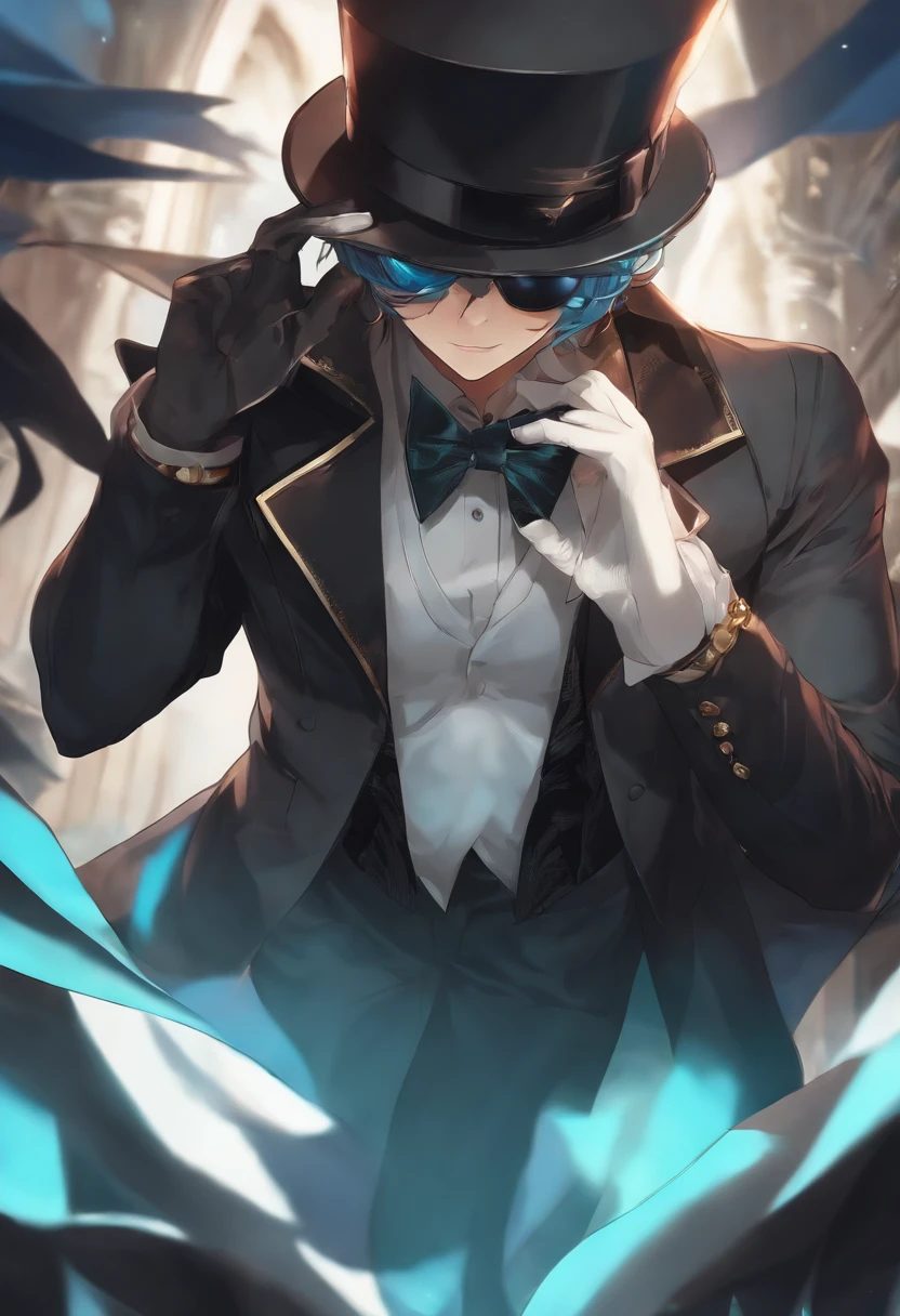1boy, solo, kurofuku, necktie, male focus, black suit, upper body, black pants,inky body,cyan eye,grin, wearing a top hat, mystery being, sunglasses, cloak