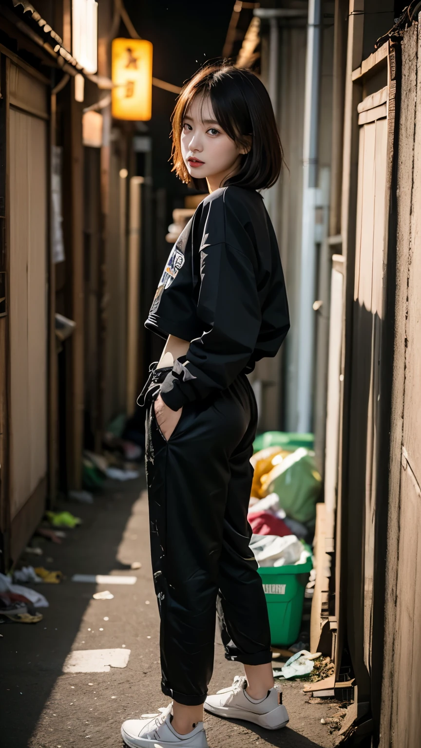 18-year-old,Korean women,((((Back alley wall,Standing in front of a wall)))),(((Dirty neon street at night))),(((Facing forward))),(((Frowning,カメラをGlaring))),(Very fine eye),((I can't see my stomach)), (((Wearing a long black down jacket,Wearing baggy pants))),(((Collapsing Building))),(((old buildings))),((photograph)),((A woman near a garbage dump)),(((Fabric Shading))), (((highest quality))), (((masterpiece))) strong girl, ((((Realistic)))), I have a card,Black Hair, chic hairstyle, ((With bangs,Straight medium bob cut, nice hair)), Light makeup,Red eyes, (((I'm not wearing lipstick))), (nice, strong), (((Strong night atmosphere))), Centered Images, Looking at the camera, Realistic Skin,Realistic texture,8k,whole body,Pale skin, (((Dirty garbage dump))),A huge amount of trash,Red iris,Expressionless,Glaring,Perfect Face,(((Big eyes))),Wide black baggy pants,Mouth closed, portrait of aespaのウィンター,She is wearing black streetwear, Woman in black streetwear, 黒いハイテクな服を着た女性のphotograph, Girl wearing black hoodie, Cyberpunk Streetwear, Cyberpunk Streetwear street fashion e-girl,