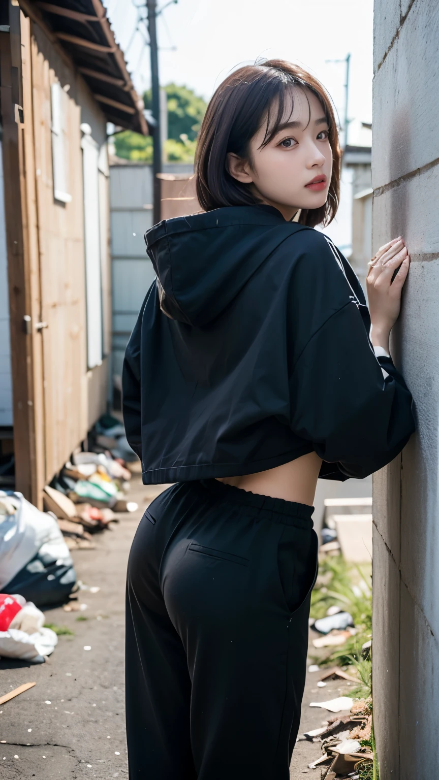 18-year-old,Korean women,((((Back alley wall,Standing in front of a wall)))),(((Dirty neon street at night))),(((Facing forward))),(((Frowning,カメラをGlaring))),(Very fine eye),((I can't see my stomach)), (((Wearing a long black down jacket,Wearing baggy pants))),(((Collapsing Building))),(((old buildings))),((photograph)),((A woman near a garbage dump)),(((Fabric Shading))), (((highest quality))), (((masterpiece))) strong girl, ((((Realistic)))), I have a card,Black Hair, chic hairstyle, ((With bangs,Straight medium bob cut, nice hair)), Light makeup,Red eyes, (((I'm not wearing lipstick))), (nice, strong), (((Strong night atmosphere))), Centered Images, Looking at the camera, Realistic Skin,Realistic texture,8k,whole body,Pale skin, (((Dirty garbage dump))),A huge amount of trash,Red iris,Expressionless,Glaring,Perfect Face,(((Big eyes))),Wide black baggy pants,Mouth closed, portrait of aespaのウィンター,She is wearing black streetwear, Woman in black streetwear, 黒いハイテクな服を着た女性のphotograph, Girl wearing black hoodie, Cyberpunk Streetwear, Cyberpunk Streetwear street fashion e-girl,