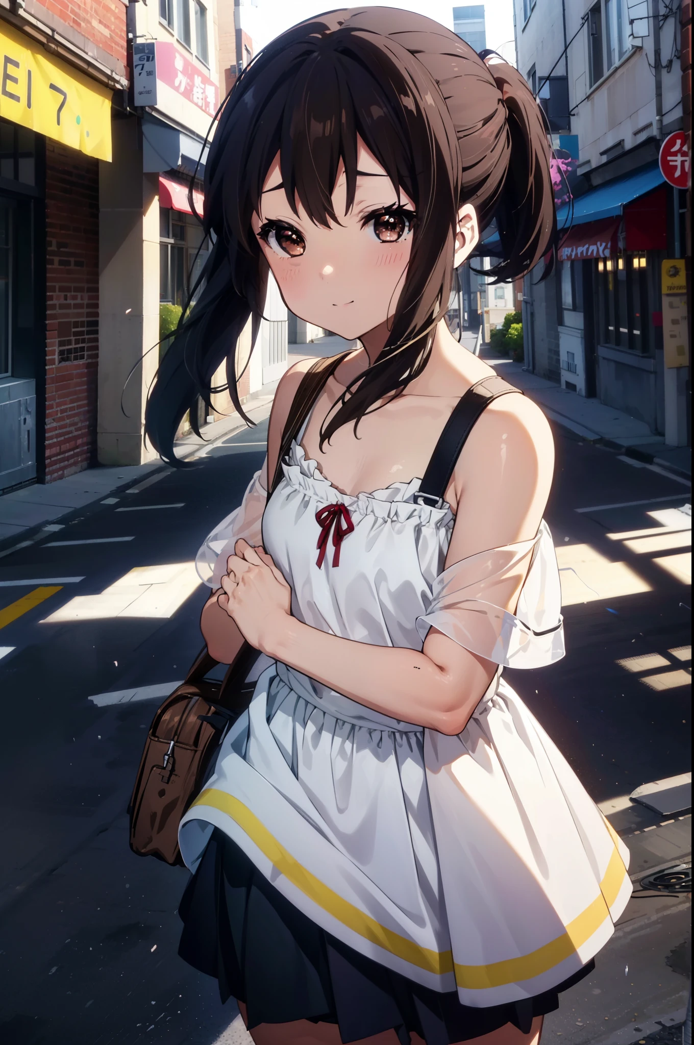 azusanakano, Azusa Nakano, Black Hair, (Brown eyes:1.5), Long Hair, smile,blush,ponytail,Short braided hair,yellow headband ,Long skirt integrated dress,Bare neck,bare clavicle,Bare shoulders,Cute Sandals,Daytime,Clear skies、
break indoors, In town,Building district,City Street,
break looking at viewer, (Cowboy Shot:1.5),
break (masterpiece:1.2), highest quality, High resolution, unity 8k wallpaper, (figure:0.8), (Beautiful fine details:1.6), Highly detailed face, Perfect lighting, Highly detailed CG, (Perfect hands, Perfect Anatomy),