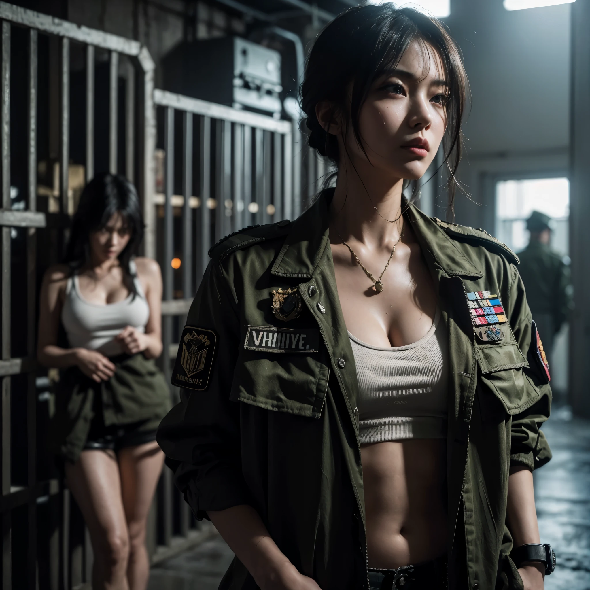 ((very sharp photo result & detailed face)) (((textile shading))), (((Best Quality))), (((masterpiece))), (((hyper realistic photo))) dark backlight shade full body shoot a tall tough cold japanese girl wearing messy russian military suit outside, white tanktop inside, big breast, with cleavage shown, full badge with general hat, she is so sweaty in military facility, behind her there are cell with woman prisoner inside, cinematic mood, gritty atmosphere,4K, perfect