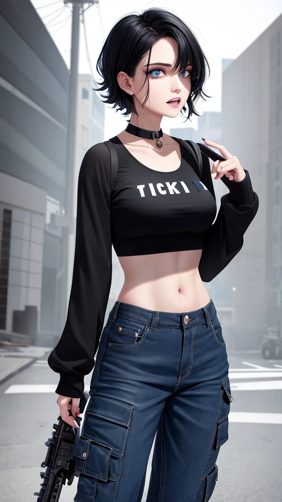 perfect face, short wavy black hair color, sharp eyes, dark blue eyeballs, solo, zombie, sharp teeth and fangs, sharp claws light blue on middle of her chest, black crop top and cargo pants color, profile picture, building destroyed background. 