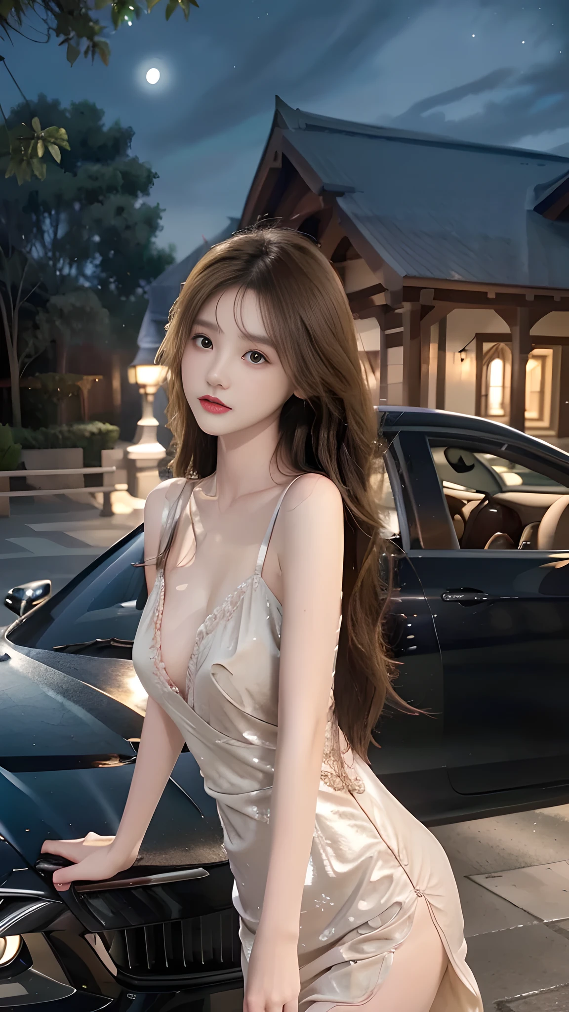 full hd 8k, Girl standing in front of a dark night scene, full moonlight reflecting on her beautiful face. Her long, silky hair was gently blown by the night wind, creating a gentle and romantic feeling. Next to her is a luxury car, showing her success and class. She looked up at the starry sky, as if searching for something, her eyes showed contemplation and loneliness. The full moon shines in the night sky creating a beautiful scene. The girl has long, silky hair, creating a luxurious and noble beauty. The moonlight shines on the girl's delicate face, highlighting her large, round light brown eyes, creating a natural, gentle beauty. She wore a dress, showing off her seductive and luxurious beauty. Her plumble breasts were exposed, revealing her plumble and extremely sexy breasts. These images capture detailed panoramic portraits and views of the sky and cars. All create a beautiful, wonderful picture that makes people unable to take their eyes off the scene. All these details are described clearly and sharply, sexyly poses