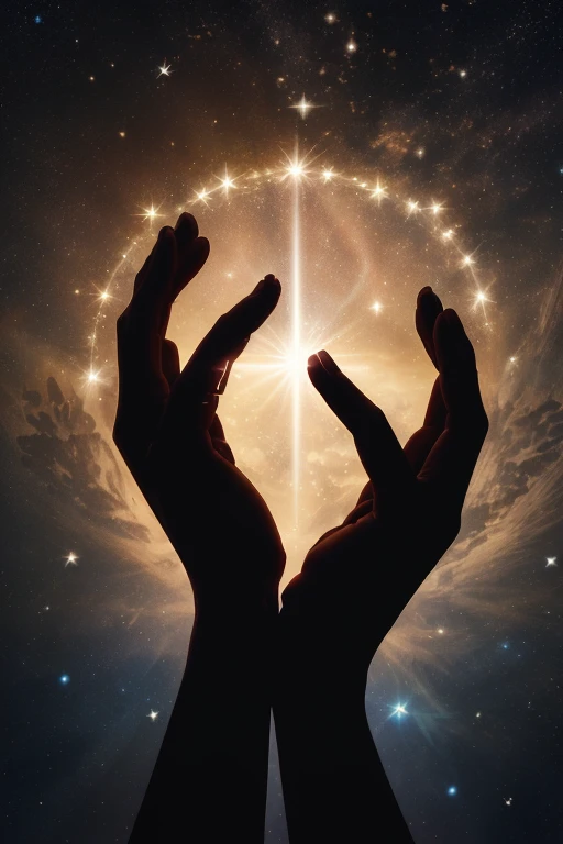 someone raises their hands up against the background of a star, holding a sacred symbol, holding a sacred symbol, reaching heaven, Blessing hands, sacred rays of light, bright light masterpiece, holy rays of spiritual light, shines its light among the stars, star in the sky, holy light, holy light halo, shutterstock, spiritual light, spiritual enlightenment