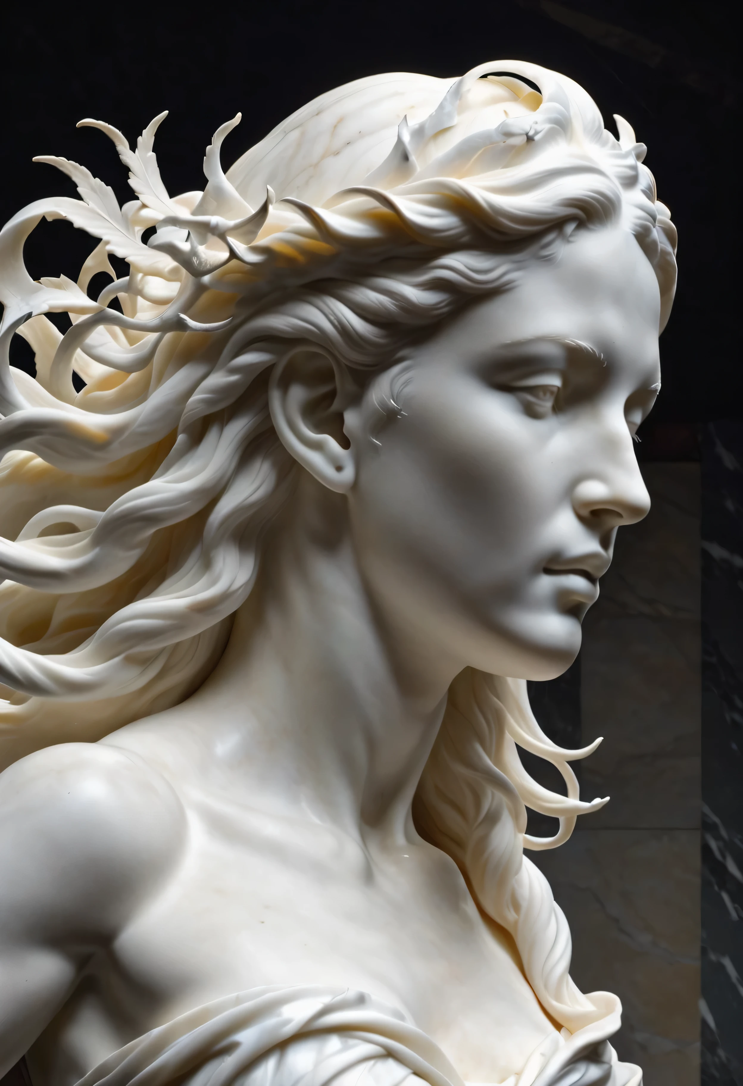 (La mejor calidad de imagen，4k,8k，High Definition，Obra maestra:1.2)，ultra detallado，(natural，natural，natural:1.37)。escultura mujer epica griega （Escultura blanca pura，marble sculpture），（Tela de fondo oscuro.）