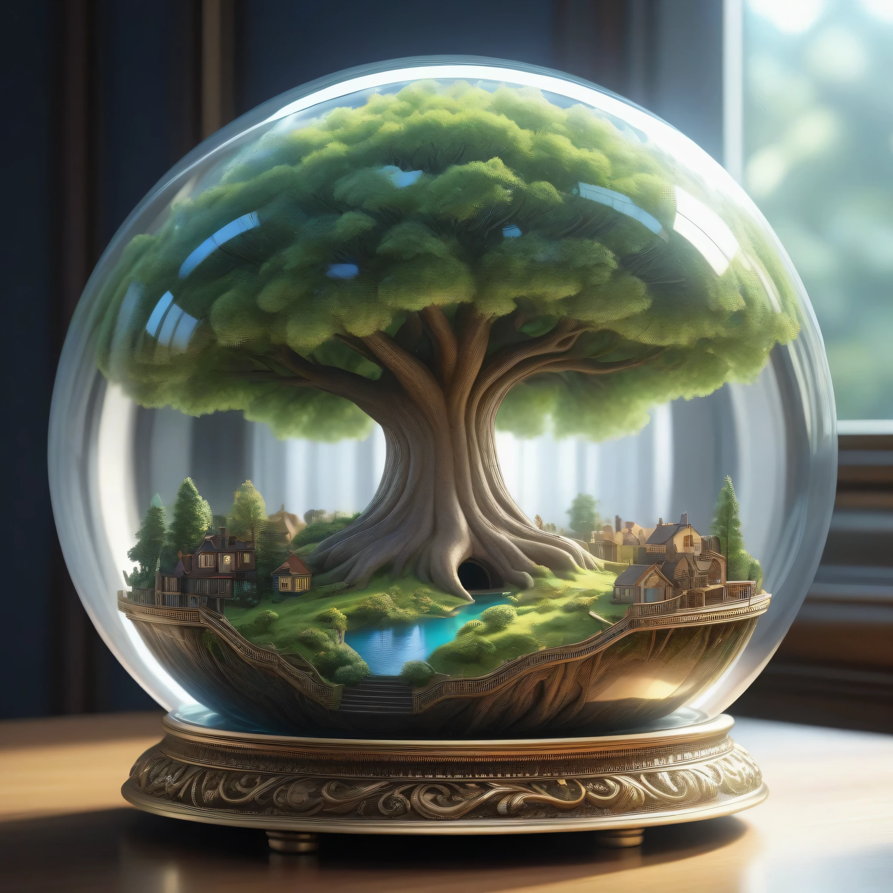 a majestic tree living inside a glass ball, intricate detail, ornate, best quality, hyperdetailed, absurdres, micro world, dramatic light, atmospheric, vivid detail, vibrant, unusual beauty, subsurface scatter, ambient occlusion, photorealistic, cg, masterpiece, award winning