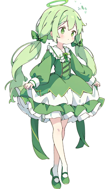 Expressionless face,Anime Style,profile,(((White background))),Green Hair,ribbon,One girl,Bright green eyes,uniform,Long twin tails,Gorgeous Dress, Full Body Lesbian,Adorable, skirt,clavicle,long sleeves,Frills,halo,hair bow, empty eyes, smile,nsfw