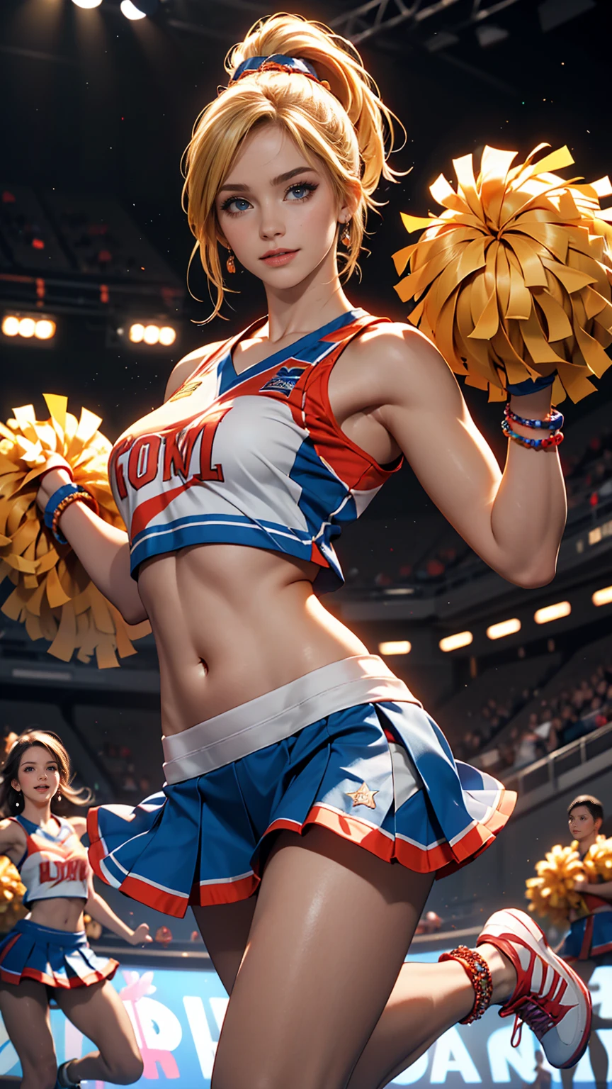 ((最high quality, 8K, masterpiece: 1.3, Ultra HD, high quality, 最high quality, High resolution, realism)) 、A 22-year-old extremely beautiful white woman、Hair color blonde、blue eyeedium Hair、Straight Hair、smile、Slender but well-proportioned body、Athlete-like body type、I want my head to stay off screen、Wearing accessories on the wrist、Put an anklet on your ankle、Wearing red nail polish、I have a peticure、Being a cheerleader、Holding pom-poms and raising their legs to dance cheerleading