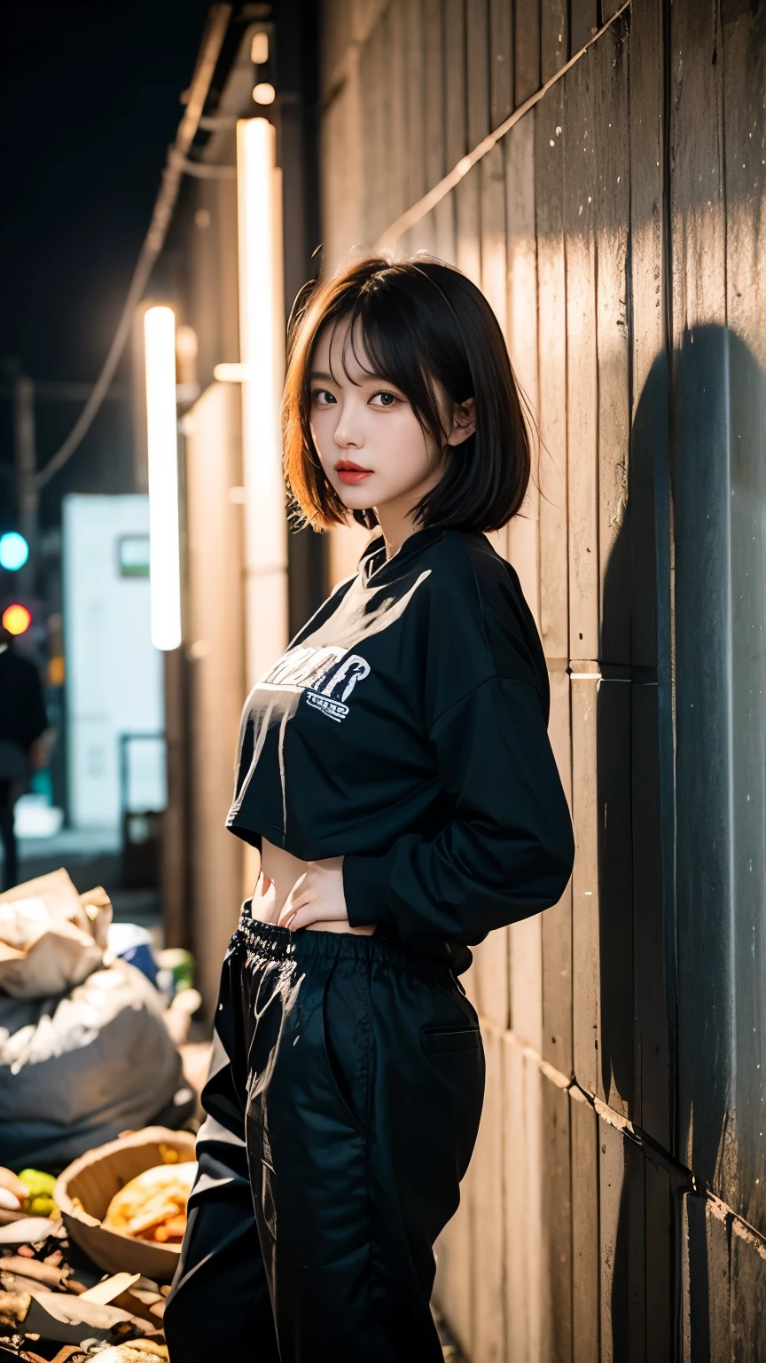 18-year-old,Korean women,((((Standing in front of a wall)))),(((Dirty neon street at night))),(((Facing forward))),(((Frowning,カメラをGlaring))),(Very fine eye),((I can't see my stomach)), (((Wearing a long black down jacket,Wearing baggy pants))),(((Collapsing Building))),(((old buildings))),((photograph)),((A woman near a garbage dump)),(((Fabric Shading))), (((highest quality))), (((masterpiece))) strong girl, ((((Realistic)))), I have a card,Black Hair, chic hairstyle, ((With bangs,Straight medium bob cut, nice hair)), Light makeup,Red eyes, (((I&#39;m not wearing lipstick))), (nice, strong), (((Strong night atmosphere))), Centered Images, Looking at the camera, Realistic Skin,Realistic texture,８k,whole body,Pale skin, (((Dirty garbage dump))),A huge amount of trash,Red iris,Expressionless,Glaring,Perfect Face,(((Big eyes))),Wide black baggy pants,Mouth closed, portrait of aespaのウィンター,She is wearing black streetwear, Woman in black streetwear, 黒いハイテクな服を着た女性のphotograph, Girl wearing black hoodie, Cyberpunk Streetwear, Cyberpunk Streetwear street fashion e-girl,