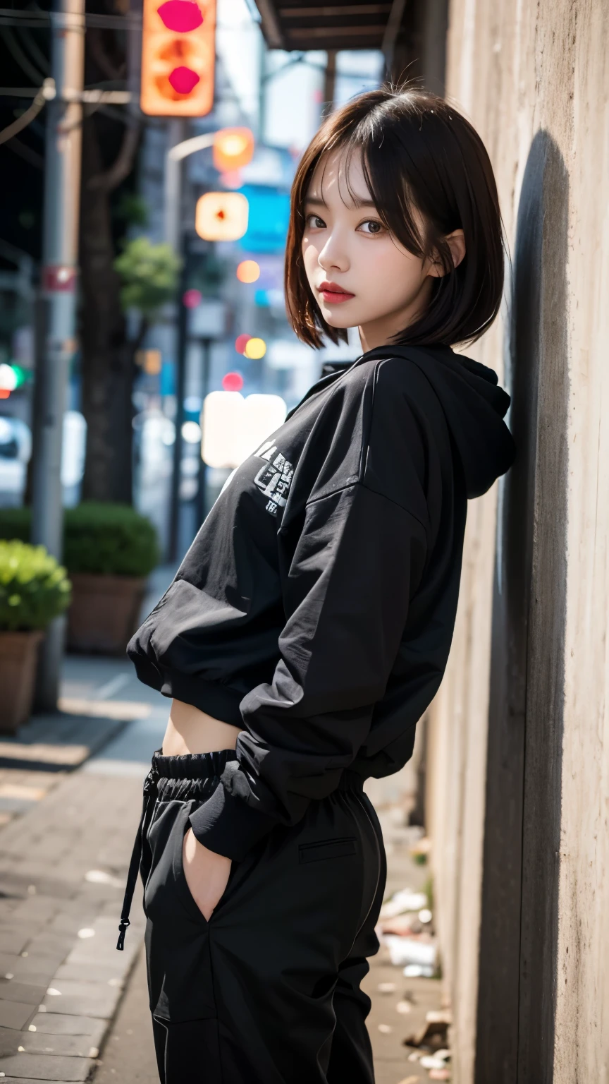 18-year-old,Korean women,((((Standing in front of a wall)))),(((Dirty neon street at night))),(((Facing forward))),(((Frowning,カメラをGlaring))),(Very fine eye),((I can't see my stomach)), (((Wearing a long black down jacket,Wearing baggy pants))),(((Collapsing Building))),(((old buildings))),((photograph)),((A woman near a garbage dump)),(((Fabric Shading))), (((highest quality))), (((masterpiece))) strong girl, ((((Realistic)))), I have a card,Black Hair, chic hairstyle, ((With bangs,Straight medium bob cut, nice hair)), Light makeup,Red eyes, (((I&#39;m not wearing lipstick))), (nice, strong), (((Strong night atmosphere))), Centered Images, Looking at the camera, Realistic Skin,Realistic texture,８k,whole body,Pale skin, (((Dirty garbage dump))),A huge amount of trash,Red iris,Expressionless,Glaring,Perfect Face,(((Big eyes))),Wide black baggy pants,Mouth closed, portrait of aespaのウィンター,She is wearing black streetwear, Woman in black streetwear, 黒いハイテクな服を着た女性のphotograph, Girl wearing black hoodie, Cyberpunk Streetwear, Cyberpunk Streetwear street fashion e-girl,