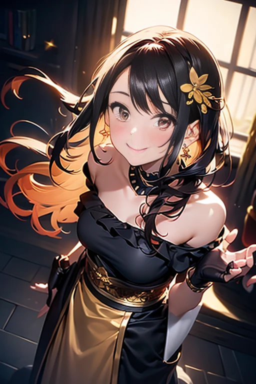 yor briar, anime style beutiful woman, 1girl,full body, happy, smile, red face, closed mouth, beautiful detailed eyes, super detailed skin, backlighting, bare shoulders, black background, black dress, black gloves, black hair, breasts, dress, earrings, fingerless gloves, floating hair, floral print, flower, gloves, gold earrings, gold hairband, hair flower, hair ornament, hairband, holding, holding weapon, jewelry, large breasts, long hair, looking at viewer, off-shoulder dress, off shoulder,red eyes, short hair with long locks, sidelocks, solo, spikes, thighs, two-sided dress, two-sided fabric, weapon, fighting stance , face, close up, from above, highest quality, high resolution.
