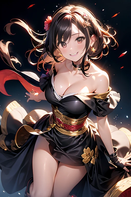 Witch girl、Shining black eyes、Cheerful smile、Bust C、She has short, fluffy brown hair with a Japanese-style red ribbon tied on the right side.、The shrine maiden outfit has no sleeves, reveals her side boob, and has slits on both sides.、White tabi、