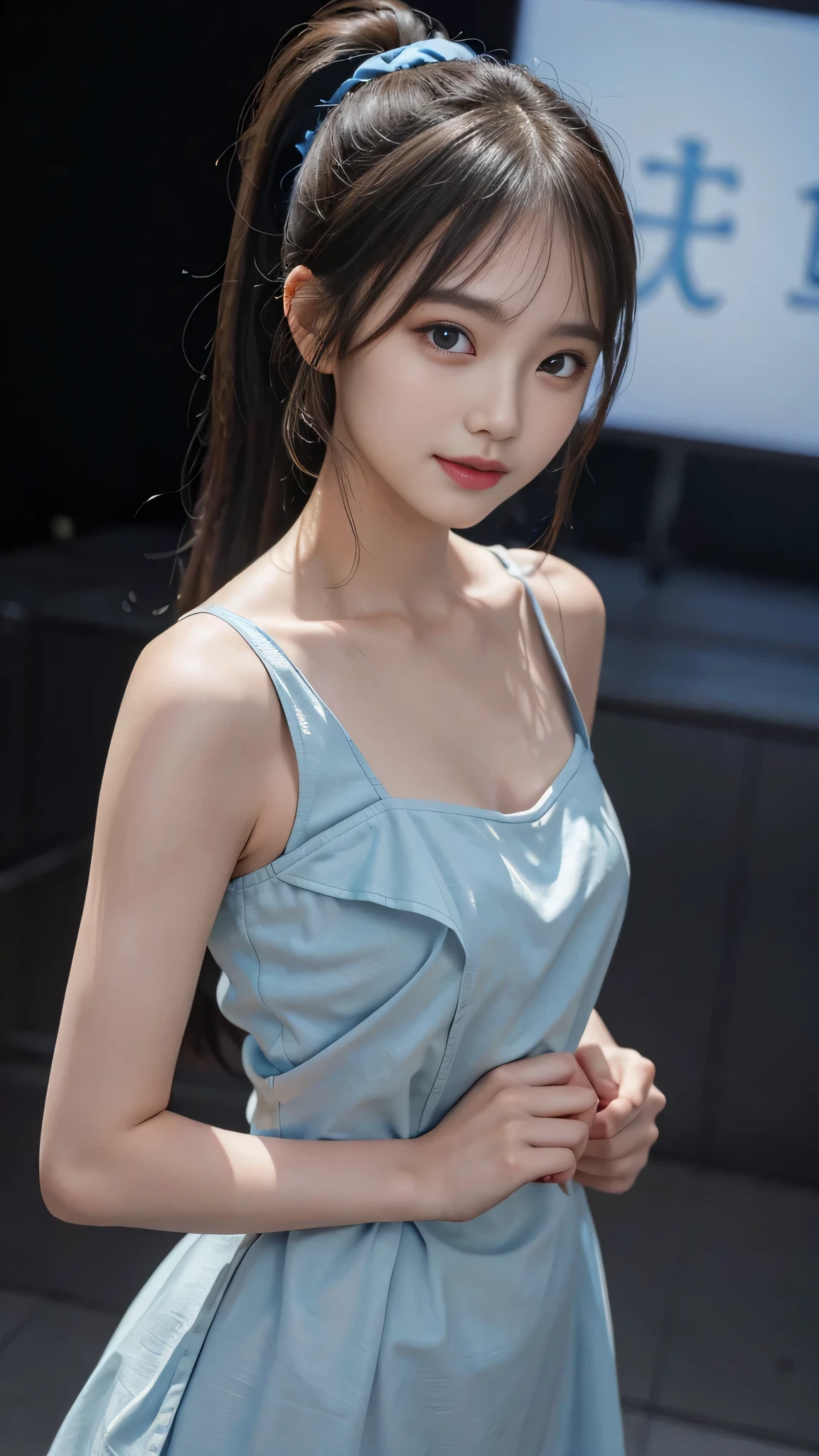 Close up face,standing on stage,Blue colored long dress with lots of ruffles,One woman,masutepiece, The highest image quality, High quality, the background is clear,Beautiful woman, Japanese, Detailed, Detailed eyes, Detailed skin, Beautiful skin, 超hight resolution, (reality: 1.4),Very beautiful woman, Slightly younger face, Beautiful skin, slender, (Ultra photo realsisim), (hight resolution), (8K), (Very detailed) (beautifully detailed eyes), (super detailed), (Detailed face), view the viewer, Fine details, Detailed face, Staring straight ahead, Staring straight ahead, photos realistic, Bright lighting, Professional Lighting, Black hair,poneyTail,a ,fifteen ye: ponytail,Long ponytail hairstyle,slight smile,neat and tidy clothing,Beautiful Japanese KPOP idol photo, hair style is ponytail, my eyes are double and wide, baby face, smile and look ahead, slender, small breasts,Blue ribbon on head,Close up face,