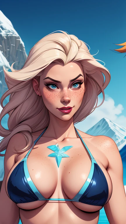 Beautiful portrait mode pose Cartoon character character in dynamic pose two women together with freckles on their faces Disney princess Queen Anna of Arendelle with 1,60cm on the left and along with a symmetrical body and beautiful breasts, corpo bem definido, delicado e sensual, estilo de desenho animado, digital illustration Portrait mode a close-up of two women Cartoon style digital illustration in bikinis in front of a mountain, artegerm and lois van baarle, artegerm and atey ghailan, even model | artegerm, artegerm and genzoman, artegerm comic, as seen on artegerm, artegerm and wlop, artegerm and rossdraws style Cartoon style digital illustration