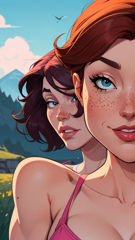 Beautiful portrait mode pose Cartoon character character in dynamic pose two women together with freckles on their faces Disney princess Queen Anna of Arendelle with 1,60cm on the left and along with a symmetrical body and beautiful breasts, corpo bem definido, delicado e sensual, estilo de desenho animado, digital illustration Portrait mode a close-up of two women Cartoon style digital illustration in bikinis in front of a mountain, artegerm and lois van baarle, artegerm and atey ghailan, even model | artegerm, artegerm and genzoman, artegerm comic, as seen on artegerm, artegerm and wlop, artegerm and rossdraws style Cartoon style digital illustration 