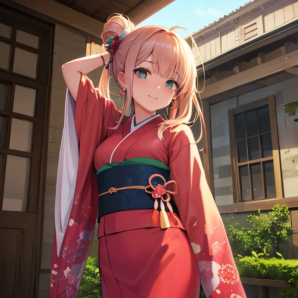 ultra-detailed, (highest quality, 8K, masterpiece, HDR, Ultra-detailed:1.2), porch of a Japanese house, [pink hair:silver hair:0.5], low ponytail, ahoge, Tied Hair, break, printed kimono, break, small breasts, arms behind head, Green Aqua Eyes, looking down, genial smile, break, Earrings, Cowboy Shot, alone