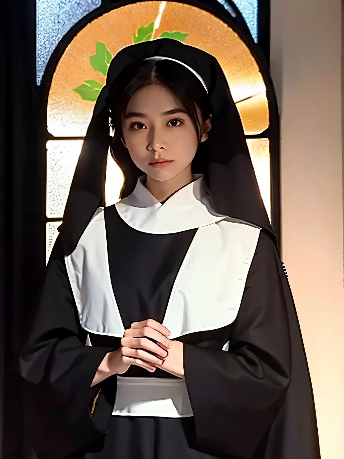 (Ogawa Noriko), (highest quality, Very detailed, masterpiece, In detail, High resolution, 8k wallpaper, highest quality, High resolution), Beautiful face in every detail, long sleeves, nun, habit, nun, habit, dress, black dress, long dress, catholic;, church, Stained glass,