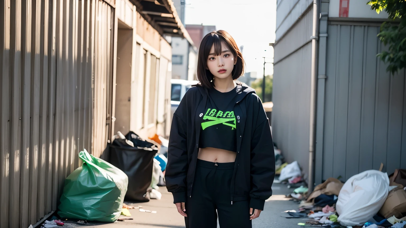18-year-old,Korean women,((((Standing in front of a wall)))),(((Dirty neon street at night))),(((Facing forward))),(((Frowning,カメラをGlaring))),(Very fine eye),((I can't see my stomach)), (((Wearing a long black down jacket,Wearing baggy pants))),(((Collapsing Building))),(((old buildings))),((photograph)),((A woman near a garbage dump)),(((Fabric Shading))), (((highest quality))), (((masterpiece))) strong girl, ((((Realistic)))), I have a card,Black Hair, chic hairstyle, ((With bangs,Straight medium bob cut, nice hair)), Light makeup,Red eyes, (((I'm not wearing lipstick))), (nice, strong), (((Strong night atmosphere))), Centered Images, Looking at the camera, Realistic Skin,Realistic texture,8k,whole body,Pale skin, (((Dirty garbage dump))),A huge amount of trash,Red iris,Expressionless,Glaring,Perfect Face,(((Big eyes))),Wide black baggy pants,Mouth closed, portrait of aespaのウィンター,She is wearing black streetwear, Woman in black streetwear, 黒いハイテクな服を着た女性のphotograph, Girl wearing black hoodie, Cyberpunk Streetwear, Cyberpunk Streetwear street fashion e-girl,