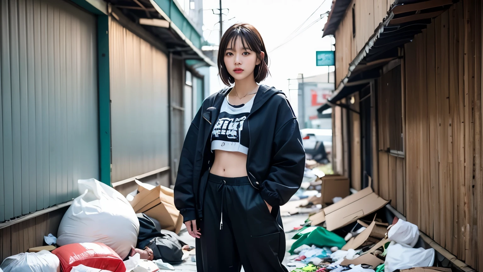 18-year-old,Korean women,((((Standing in front of a wall)))),(((Dirty neon street at night))),(((Facing forward))),(((Frowning,カメラをGlaring))),(Very fine eye),((I can't see my stomach)), (((Wearing a long black down jacket,Wearing baggy pants))),(((Collapsing Building))),(((old buildings))),((photograph)),((A woman near a garbage dump)),(((Fabric Shading))), (((highest quality))), (((masterpiece))) strong girl, ((((Realistic)))), I have a card,Black Hair, chic hairstyle, ((With bangs,Straight medium bob cut, nice hair)), Light makeup,Red eyes, (((I&#39;m not wearing lipstick))), (nice, strong), (((Strong night atmosphere))), Centered Images, Looking at the camera, Realistic Skin,Realistic texture,８k,whole body,Pale skin, (((Dirty garbage dump))),A huge amount of trash,Red iris,Expressionless,Glaring,Perfect Face,(((Big eyes))),Wide black baggy pants,Mouth closed, portrait of aespaのウィンター,She is wearing black streetwear, Woman in black streetwear, 黒いハイテクな服を着た女性のphotograph, Girl wearing black hoodie, Cyberpunk Streetwear, Cyberpunk Streetwear street fashion e-girl,