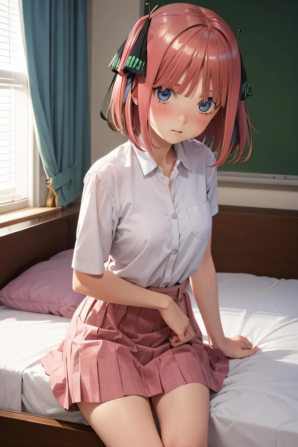 Mastepiece,masterpiece,highest quality,Super detailed,High resolution,8K Portrait,Unity,High definition CG of 8k wallpaper,Cute,little:1.5,Loli:1.5,Realistic,Real person,Cute,little,Portrait Photography,Shiny skin,High definition、(:1.2),(1 girl),Beautiful clear eyes,extremely detailed description,Delicate face,Nice lips,Slim body,(thin waist),Thin legs,(bed room:1.6),Cute,Perfect Face,seriously,(blush:1.5),((cute:1.5)),(Pink hair bob:1.3),((big breasts:1.3)),((school uniform:1.2)),(topless:1.2),(blush:1.5),looking back:1.5,((Looking back 1.5))