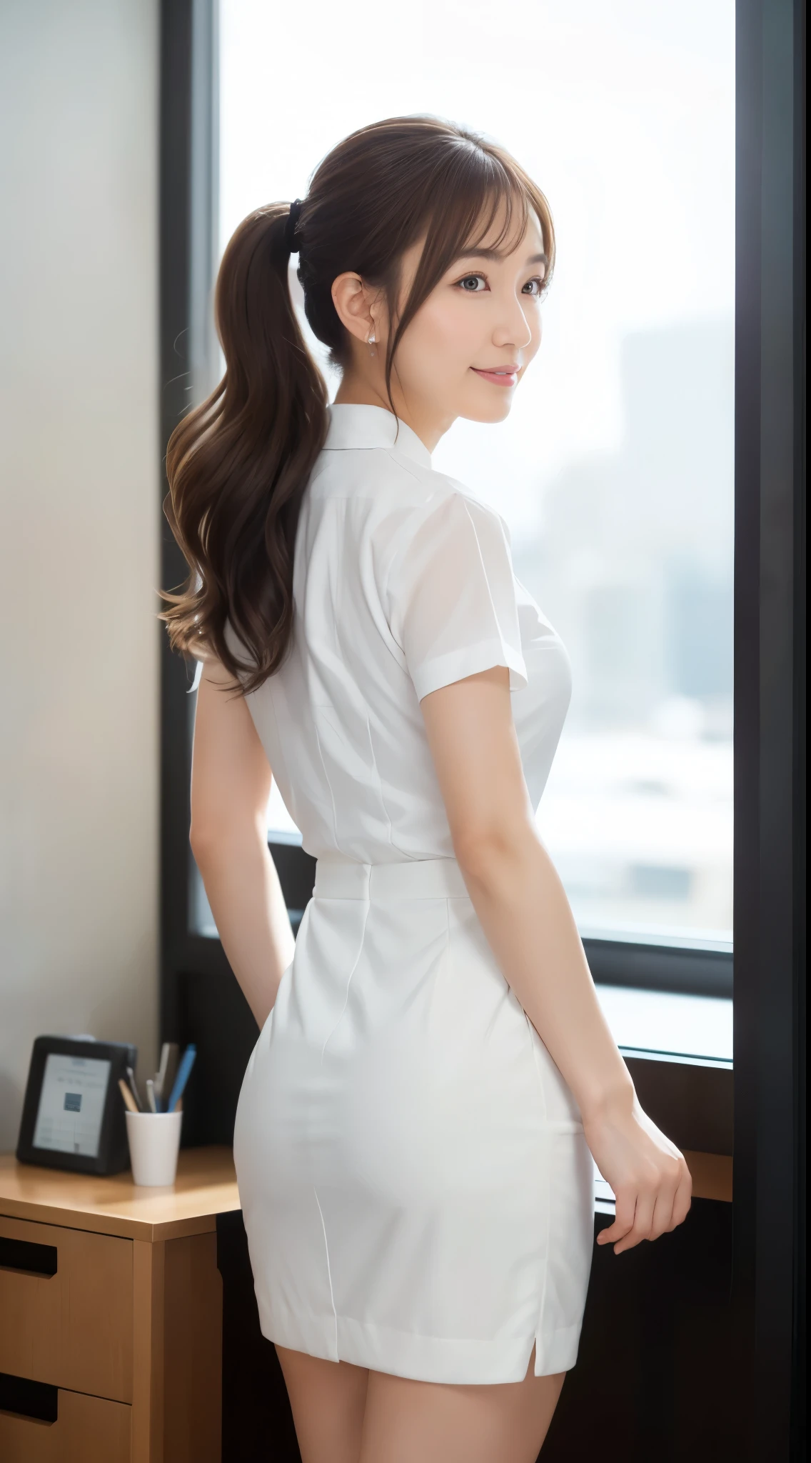 (Best quality, 8k, 32k, Masterpiece, UHD:1.2), from behind, 1 walking girl, beautiy Japanese office lady, (smile:0.5), (looking at the the viewer), 30 years old, bit chubby, white shirt, black skirt, office room, desk, (small breasts, buttocks:1.2), detailed beautiful face, wavy pony-tail hair, from below,