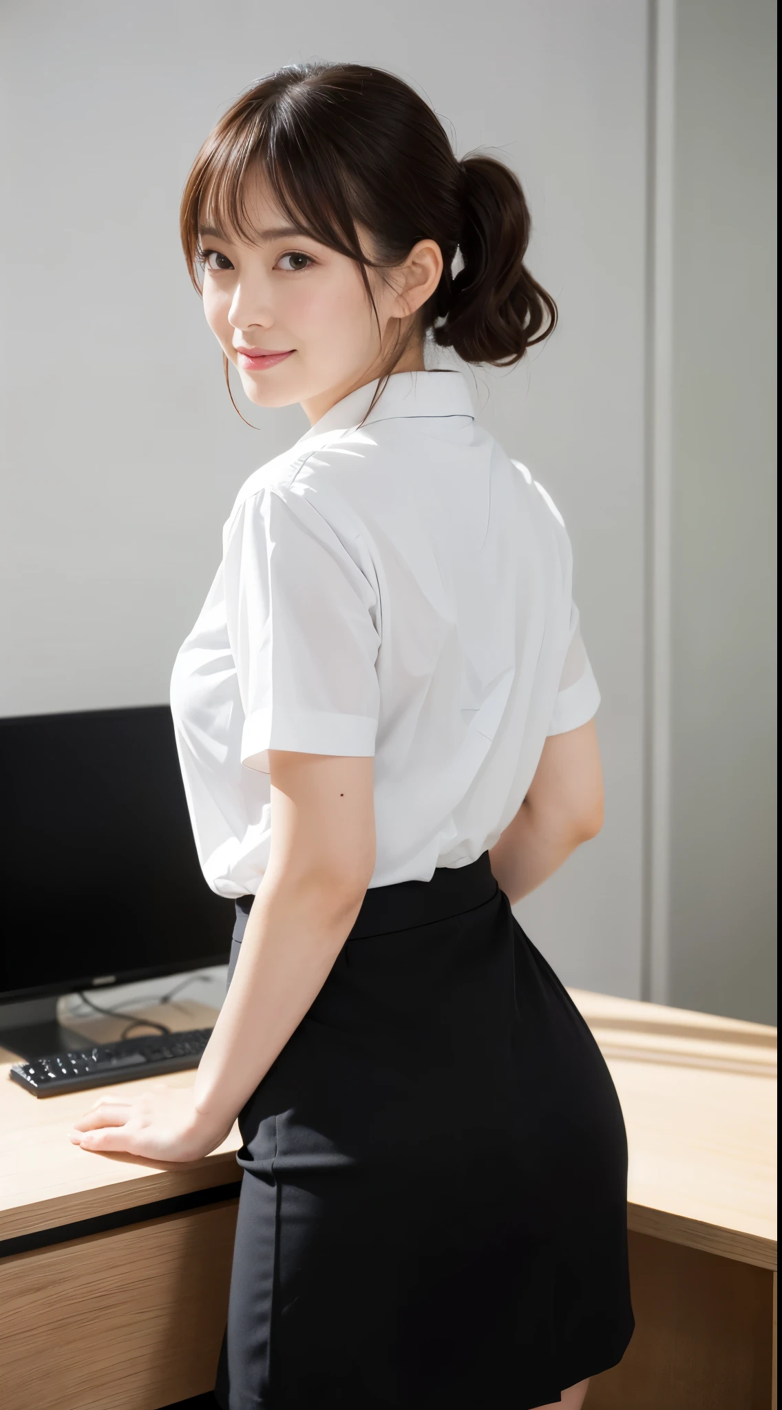 (Best quality, 8k, 32k, Masterpiece, UHD:1.2), from behind, 1 walking girl, beautiy Japanese office lady, (smile:0.5), (looking at the the viewer), 30 years old, bit chubby, white shirt, black skirt, office room, desk, (small breasts, buttocks:1.2), detailed beautiful face, wavy pony-tail hair, from below,