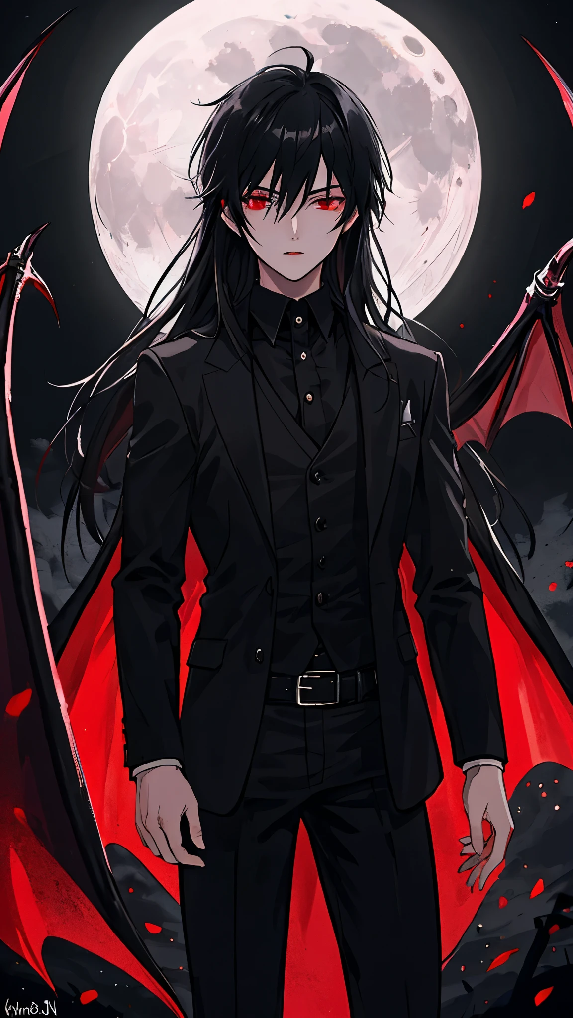 (best quality), masterpiece,Ultra Detailed,1man，Masculinity，a black-haired，Long hair，Red Eyes，vampire，Gorgeous dark atmosphere, Wear a black suit，Late Night, moon