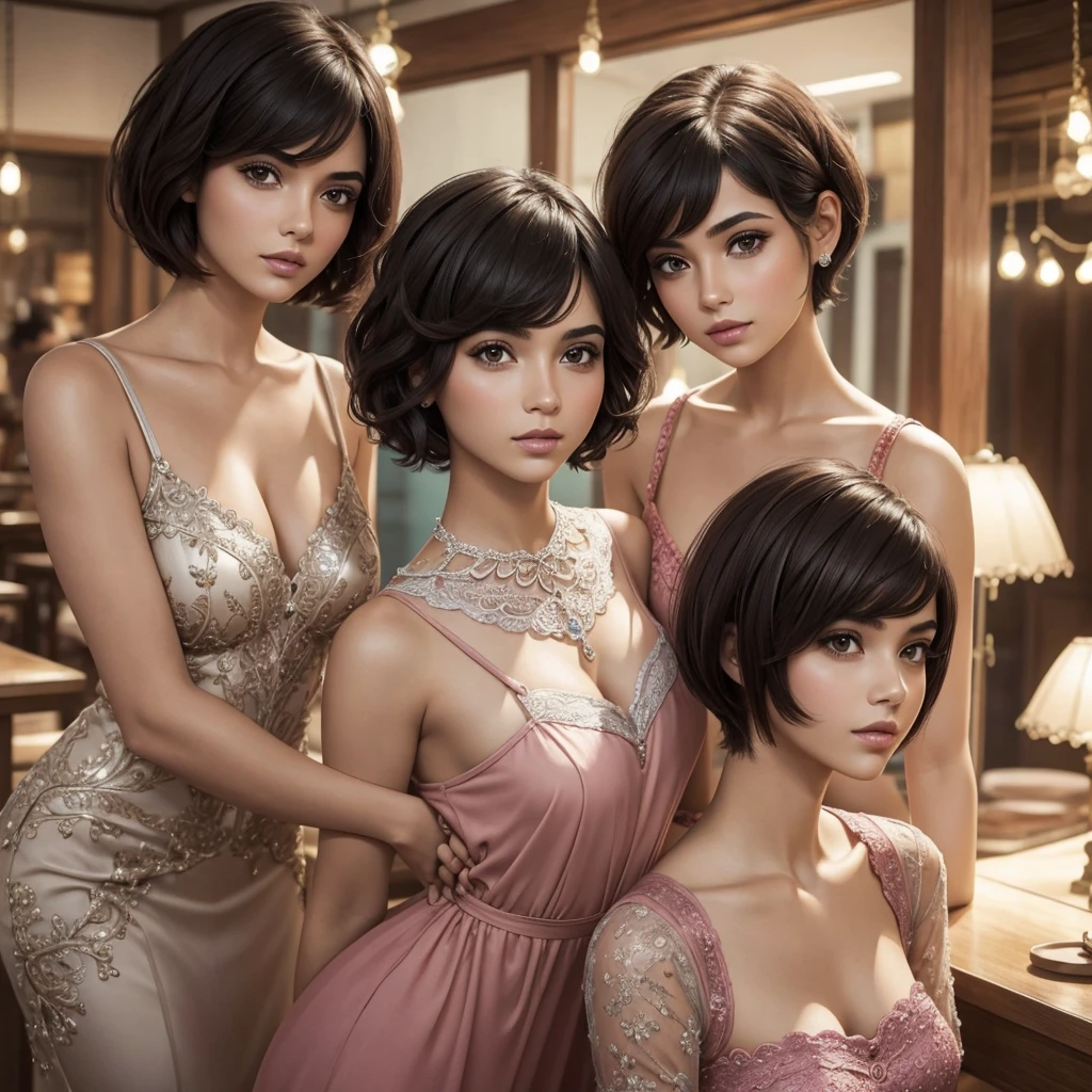 Dos chicas en lenceria, cabello rosa, pixie cut, caderas ancjas, trasero grande, pechos grandes. Facciones perfectas.