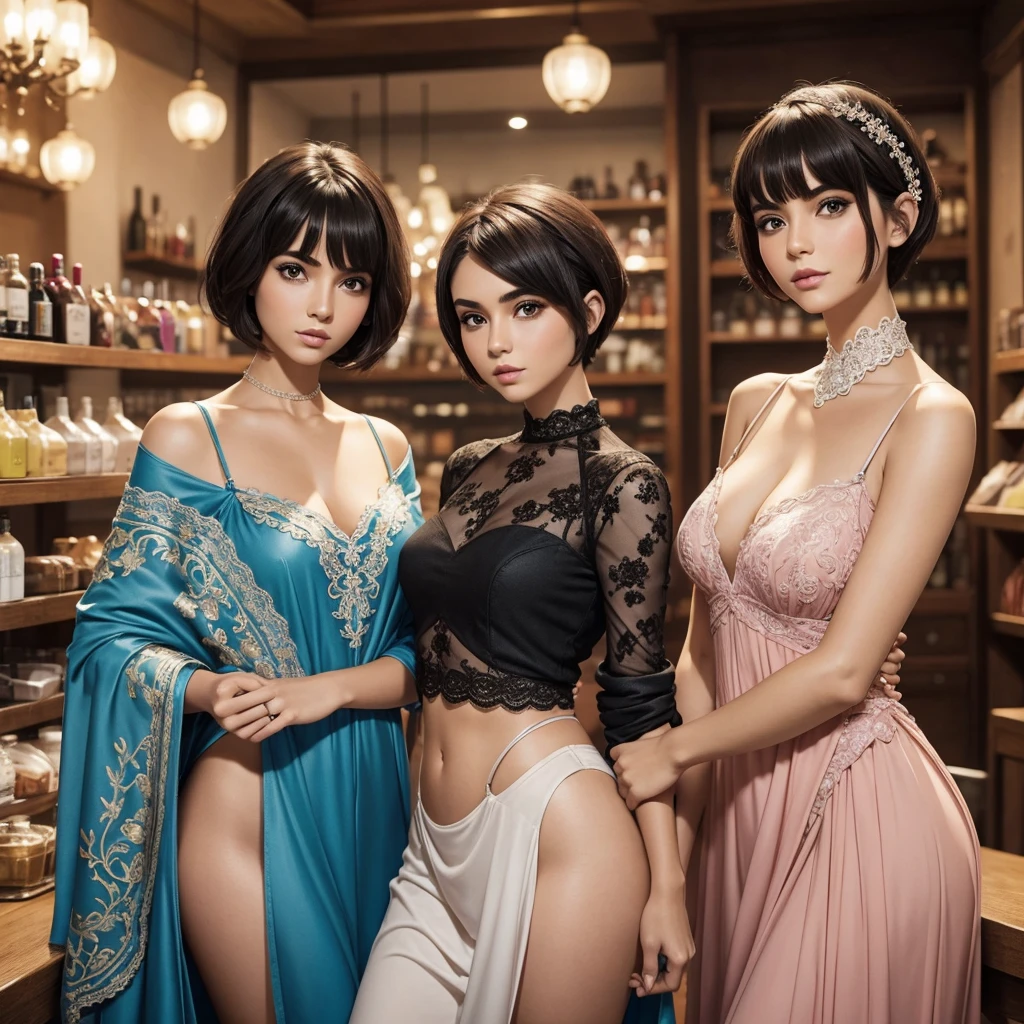 Dos chicas en lenceria, cabello rosa, pixie cut, caderas ancjas, trasero grande, pechos grandes. Facciones perfectas.
