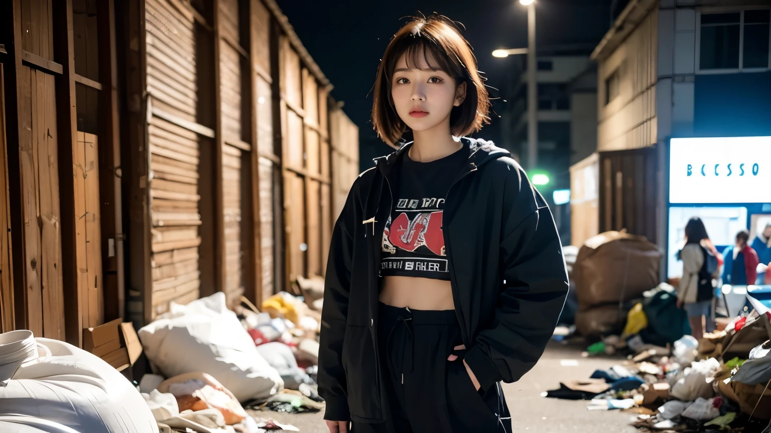 18-year-old,Korean women,(((Slums))),,((( in a destroyed city))),(((Frowning,カメラをGlaring))),((((Rubble pile))),Very fine eye, junk,(((Wearing a long black hoodie,Wearing baggy pants))),(((Collapsing Building))),(((old buildings))),((photograph)),((A woman near a garbage dump)),(((Fabric Shading))), (((highest quality))), (((masterpiece))) strong girl, ((((Realistic)))),,Black Hair, chic hairstyle, ((With bangs,Straight medium bob cut, nice hair)), Light makeup,Red eyes, (((I'm not wearing lipstick))), (nice, strong), (((Strong night atmosphere))), Centered Images, Looking at the camera, Elegant colors,Realistic Skin,Realistic texture,8k,whole body,Pale skin, (((Dirty garbage dump))),A huge amount of trash,Red iris,Expressionless,Glaring,Perfect Face,(((Big eyes))),She is wearing wide black baggy pants,Mouth closed, portrait of aespaのウィンター,She is wearing black streetwear, Woman in black streetwear, 黒いハイテクな服を着た女性のphotograph, Girl wearing black hoodie, Cyberpunk Streetwear, Cyberpunk Streetwear street fashion e-girl,