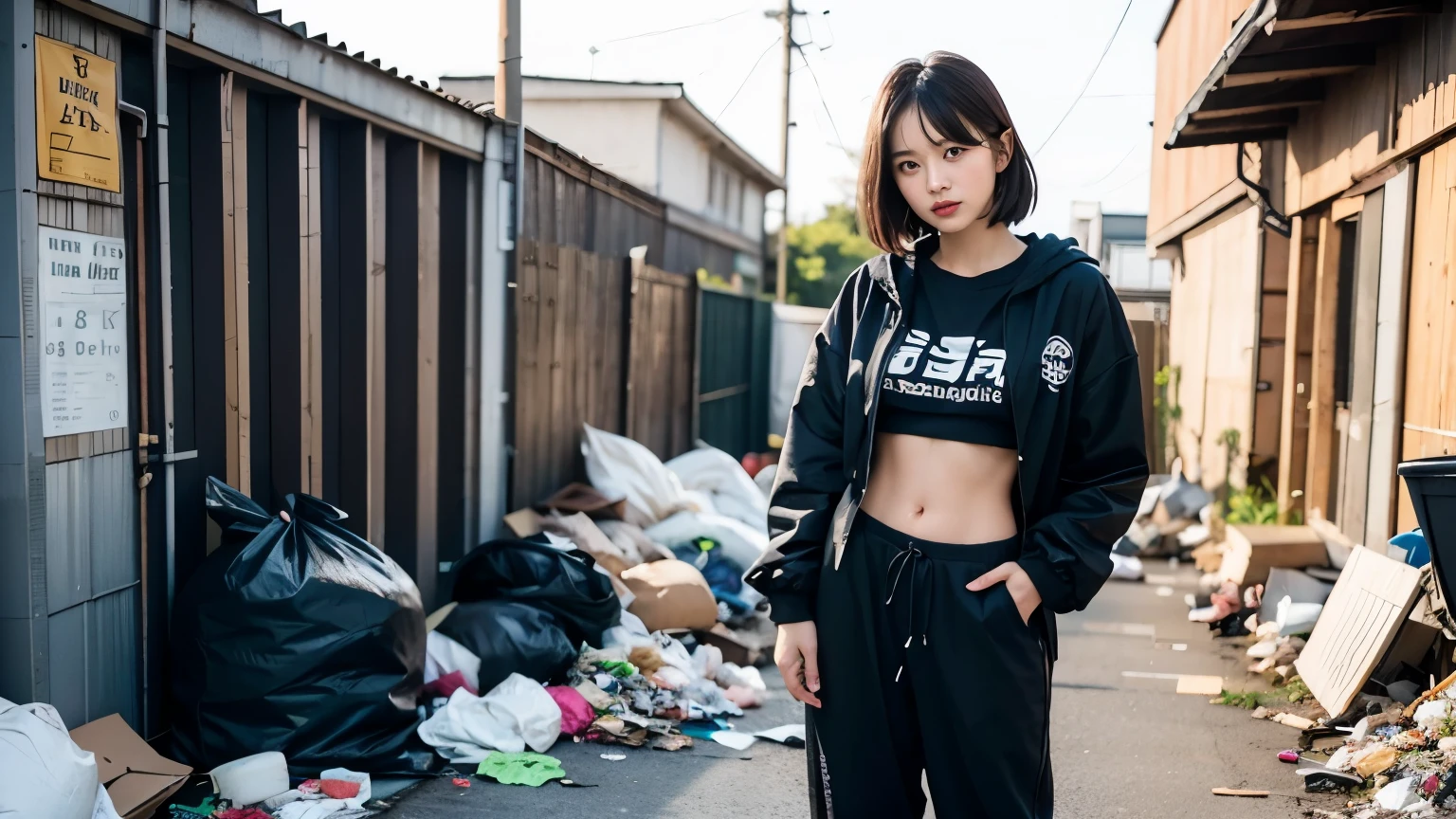 18-year-old,Korean women,((((Standing in front of a wall)))),(((Dirty neon street at night))),(((Facing forward))),(((Frowning,カメラをGlaring))),(Very fine eye),((I can't see my stomach)), (((Wearing a long black down jacket,Wearing baggy pants))),(((Collapsing Building))),(((old buildings))),((photograph)),((A woman near a garbage dump)),(((Fabric Shading))), (((highest quality))), (((masterpiece))) strong girl, ((((Realistic)))), I have a card,Black Hair, chic hairstyle, ((With bangs,Straight medium bob cut, nice hair)), Light makeup,Red eyes, (((I'm not wearing lipstick))), (nice, strong), (((Strong night atmosphere))), Centered Images, Looking at the camera, Realistic Skin,Realistic texture,8k,whole body,Pale skin, (((Dirty garbage dump))),A huge amount of trash,Red iris,Expressionless,Glaring,Perfect Face,(((Big eyes))),Wide black baggy pants,Mouth closed, portrait of aespaのウィンター,She is wearing black streetwear, Woman in black streetwear, 黒いハイテクな服を着た女性のphotograph, Girl wearing black hoodie, Cyberpunk Streetwear, Cyberpunk Streetwear street fashion e-girl,